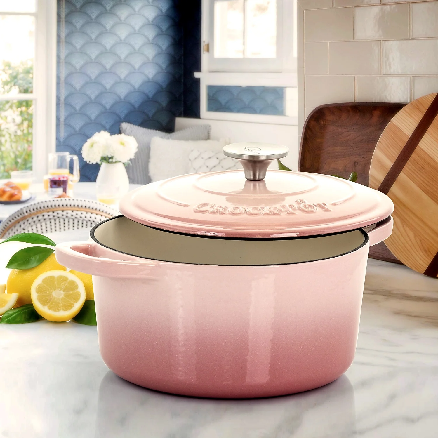 Crock-Pot Artisan 2 Piece 5 Quarts Enamled Cast Iron Dutch Oven in Blush Pink