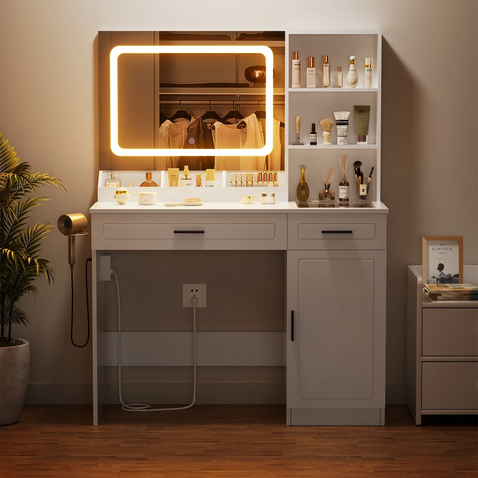 Hommpa Vanity, Makeup Vanity with LED Lighted Mirror Vanity Desk with Drawers Vanity Table with Charging Station for Girls Bedroom Storage Shelves, White