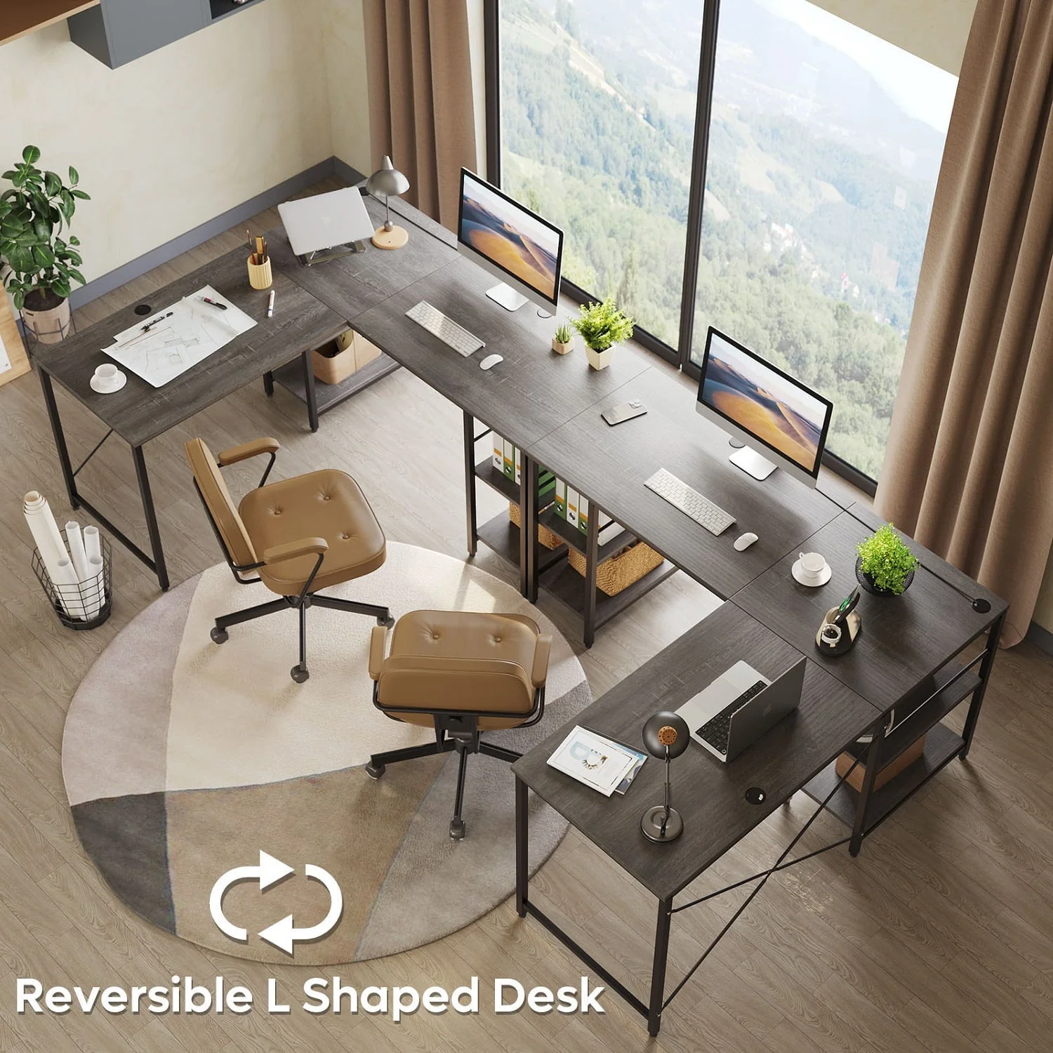 Bestier 95.5 inches L-Shaped Corner Computer Desk with Shelves Long Table in Grey