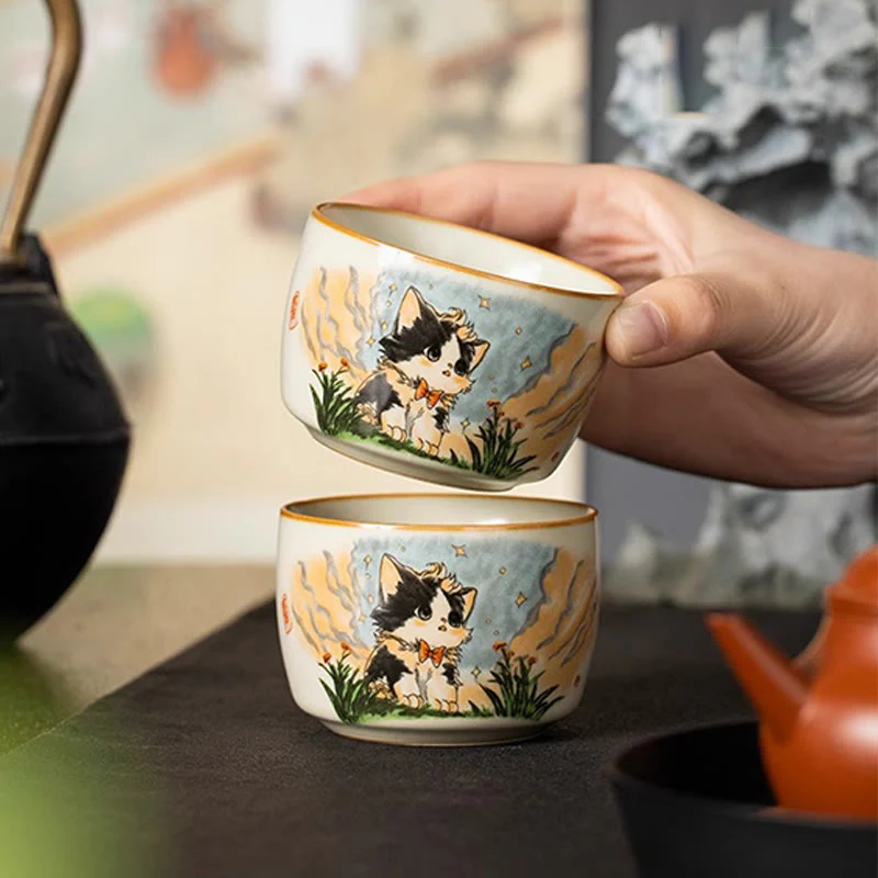 Buddha Stones Cute Bow Tie Cat Teacup Kung Fu Tea Cup