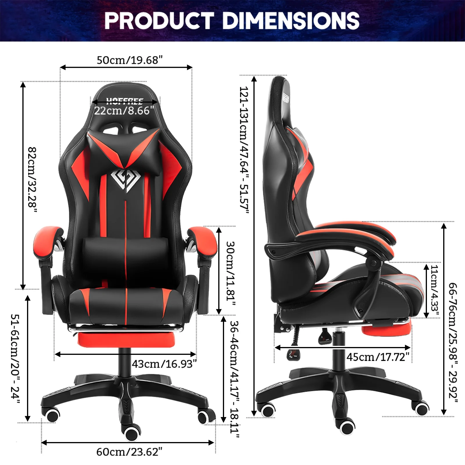 Hoffree Gaming Chair with Massage PU Leather Office Chair with Footrest and LED Light Ergonomic Gamer Chair Lumbar Support Adjustable Headrest High Back Computer Desk Chair for Home Office