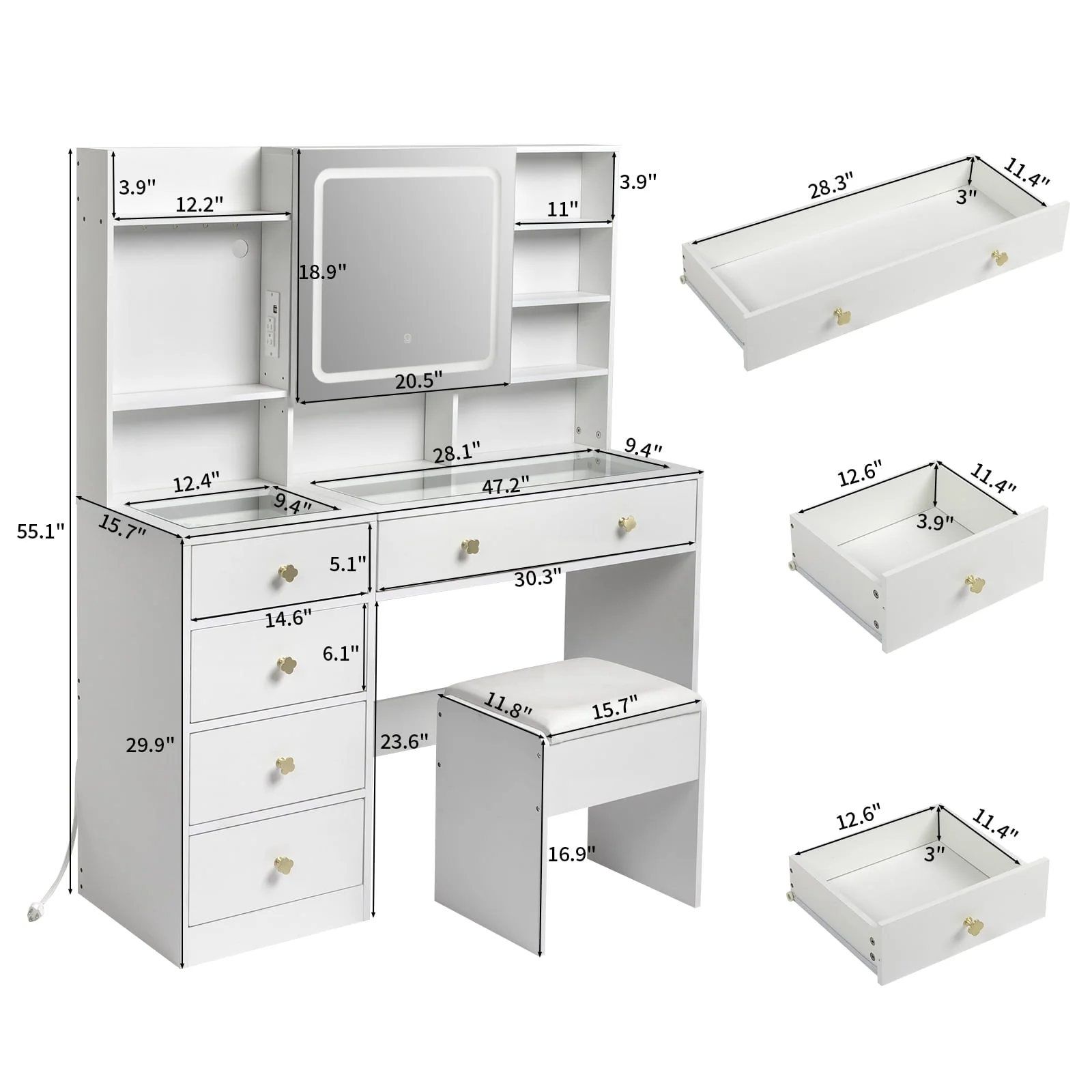 Ktaxon Makeup Vanity with 3 Color Lights, Vanity Desk with USB Charging Station, Vanity Makeup Table with Visible Drawers, Hidden and Open Storage Shelves, White