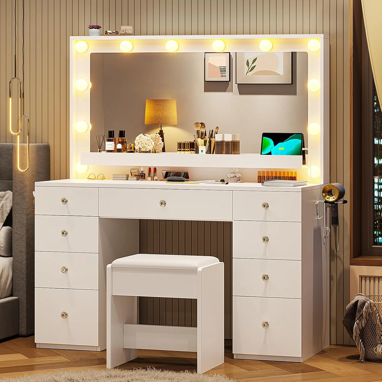 Aunfebrco White Vanity Desk Makeup Vanity Table with Mirror and Lights and Charging Station, Large Dressing Table with Storage Cabinet&6 Drawers&4 Storage Shelves for Bedroom