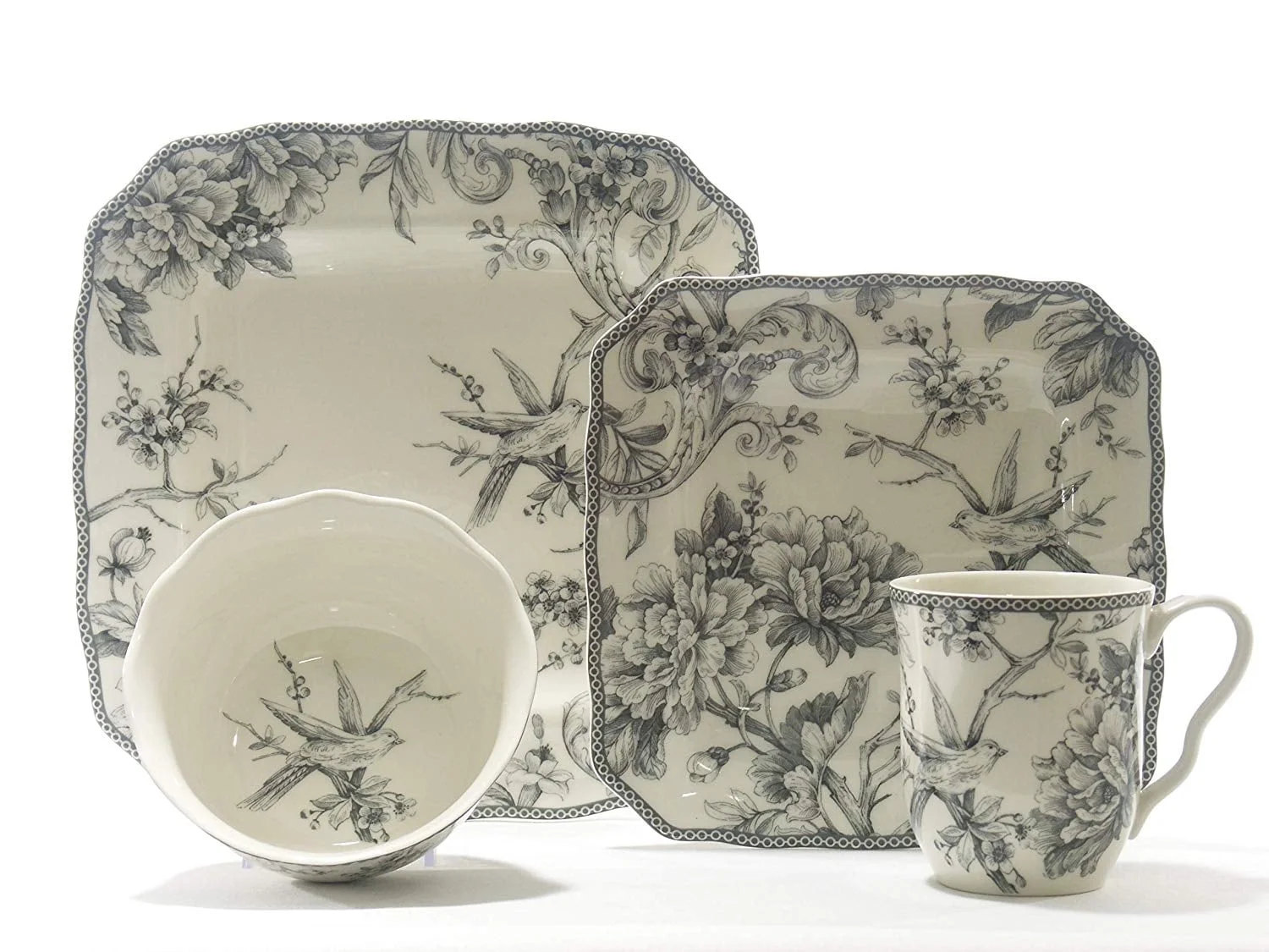 222 Fifth Adelaide Round 16-Piece Porcelain Dinnerware Set, Black Toile