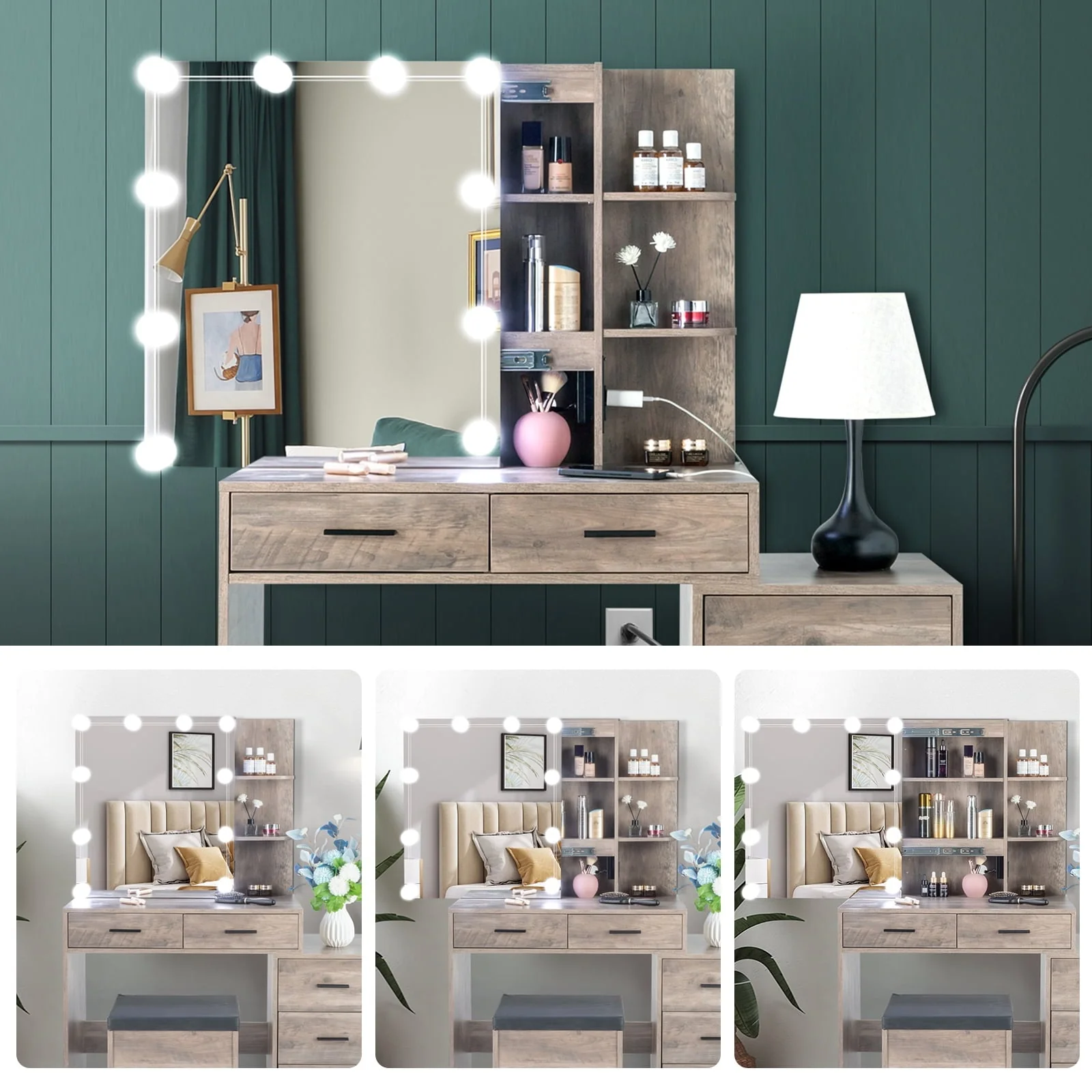 Ktaxon Vanity Set with 3 Color Lighted Mirror & Charging Station, Makeup Table with 3 Storage Shelves & Drawers, Dressing Table Makeup Desk with Stool,Retro Gray