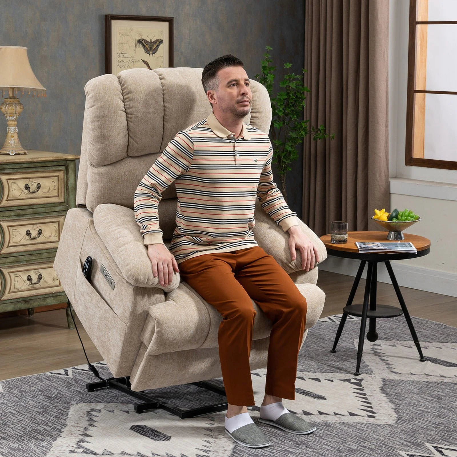 Oversized Power Lift Recliner Chairs for Adults,Beige Electric Recliners for Elderly with 8-Point Vibration Massage Lumbar Heating,2 Side Pocket,USB Port,24