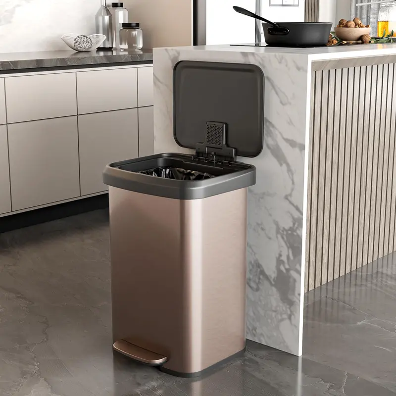 13-Gallon Stainless Steel Trash Can – Soft-Close Lid. Foot Pedal & Odor Control