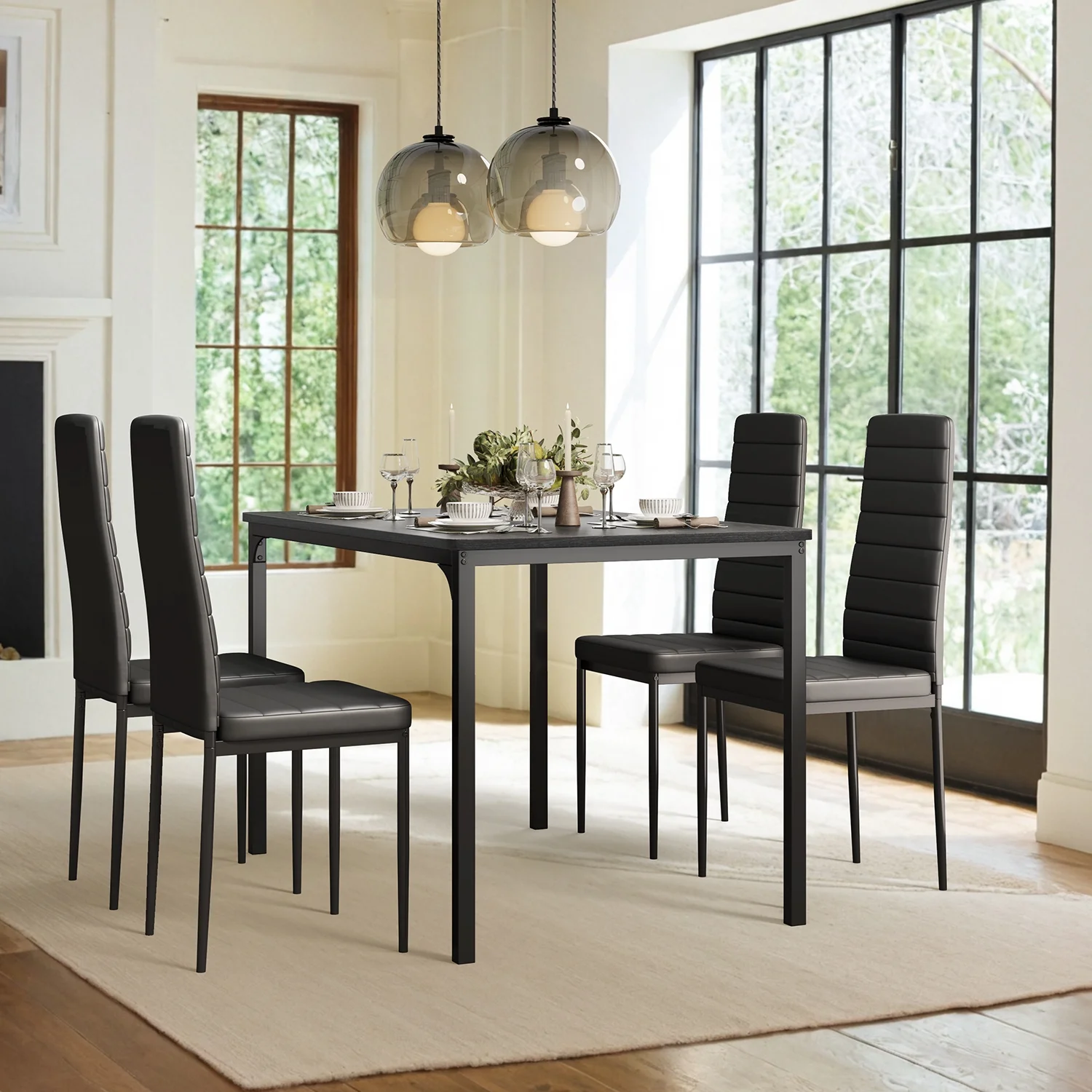 Lofka Wooden Kitchen Table and Chairs Set for 4, 47 Inch Dining Room Set for 4 with PU Leather High Back Support Chairs for Small Spaces, Black