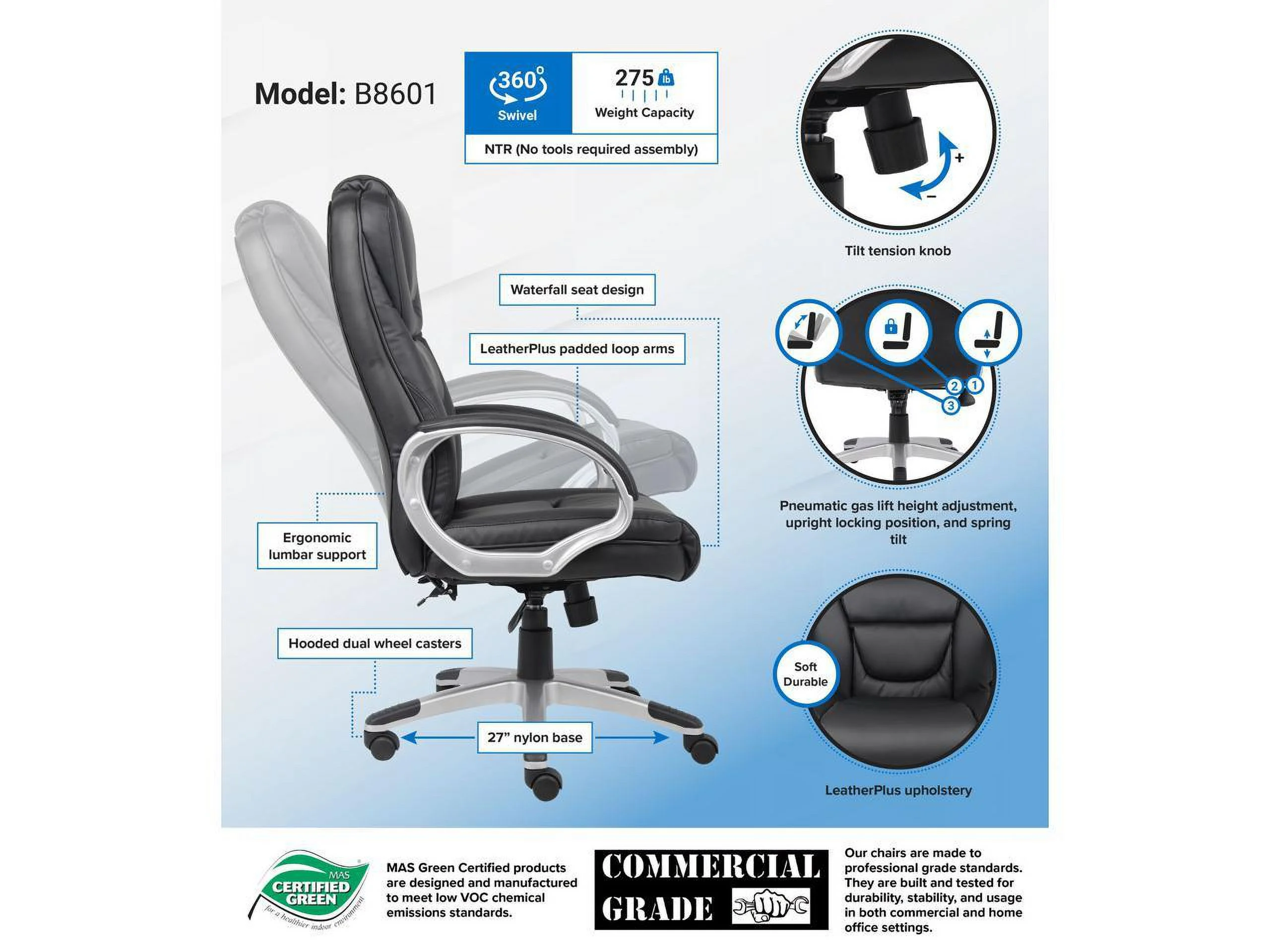 Boss Office Products LeatherPlus Executive Chair with Casters, Black