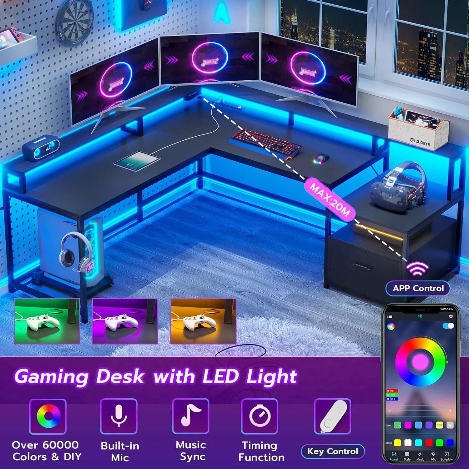 L Shaped Desk with Power Outlet and LED Lights, Corner Computer Desk with File Drawer for Home Office,  Gaming Desk,  Rustic Brown