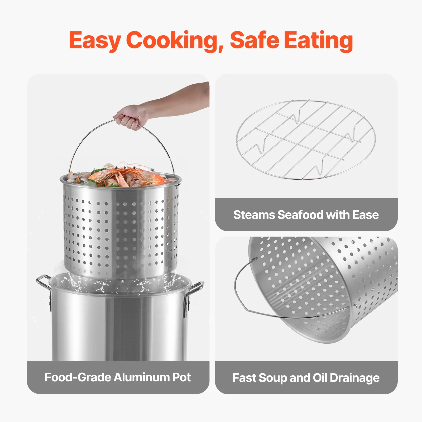 KFFKFF 80 Qt Seafood Cooking Set with Filter, Exterior Seafood Boil Container and Holder, Culinary Kit, Aluminum Soup Pot with 100,000 BTUs Propane Heater and Steam Grid