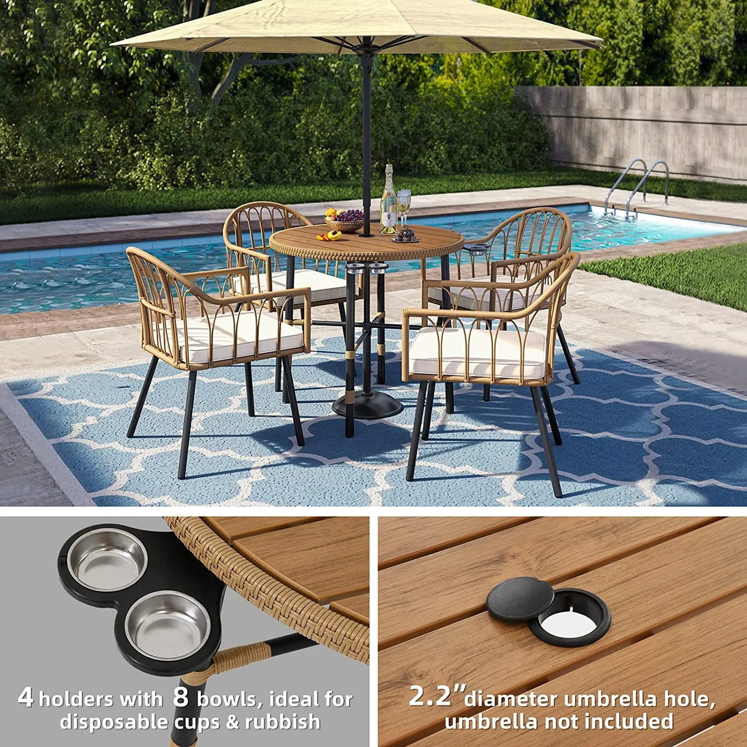 Dextrus 5 pieces Outdoor Dining Set, Patio Dining Sets with 4 Rattan Wicker Dining Chair and Round Table With Umbrella Hole, Sectional Conversation Set for Backyard, Balcony, Garden, Lawn