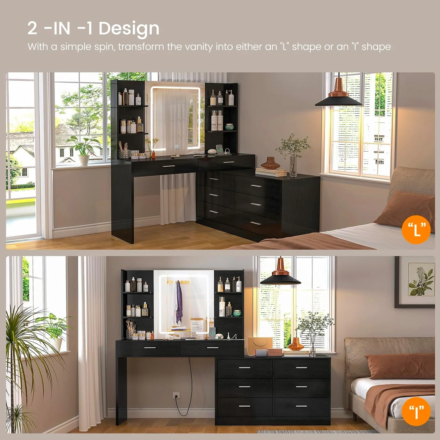 Vanity Makeup Desk with LED Light Mirror & Power Outlet, 8 Drawers, 6 Storage Shelves, 3 Color Modes & Adjustable Brightness Dressing Table, Corner Vanity, L Shape Change, 39.4��Desk, Black