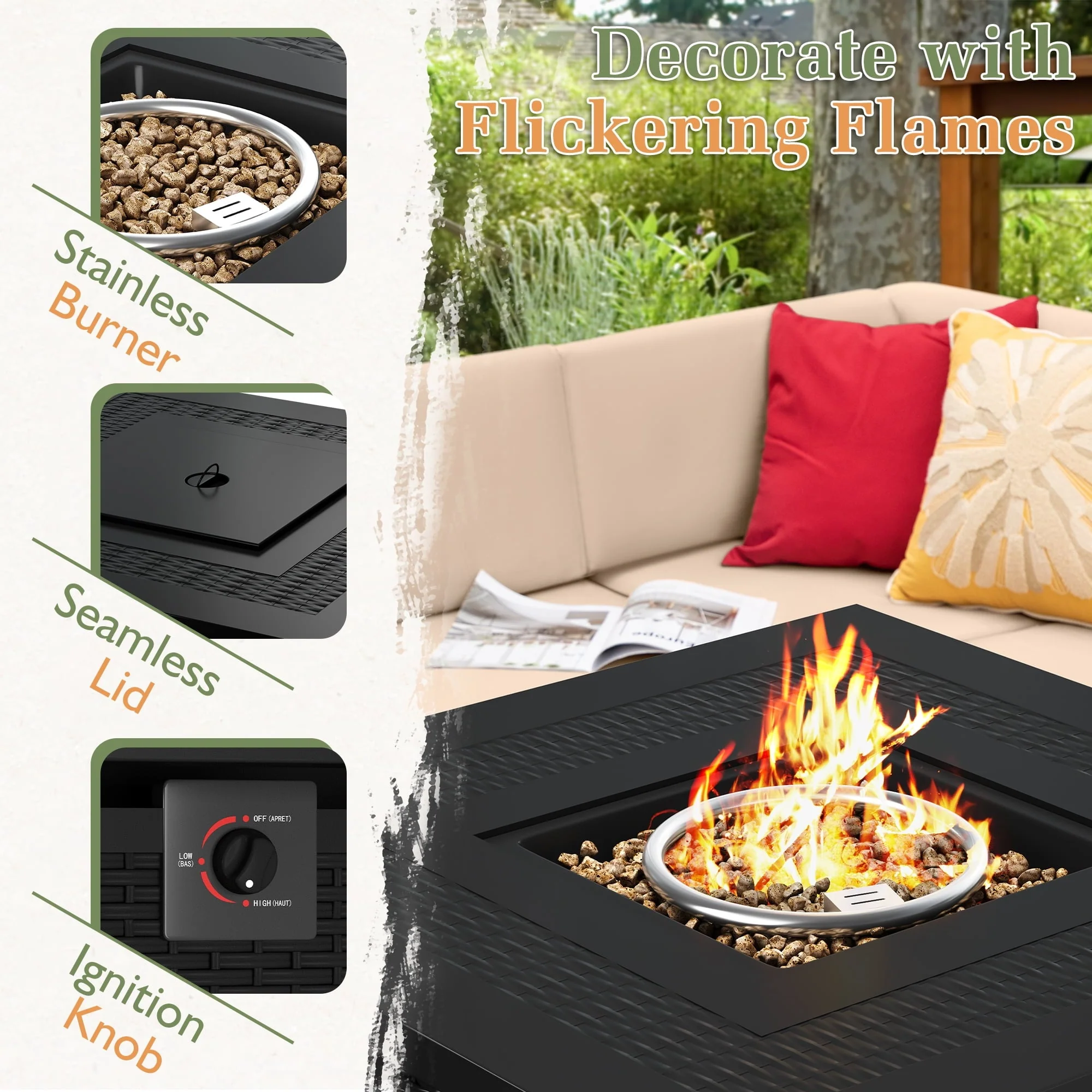 Devoko 6 Pieces Fire Pit Seating, Outdoor Sectional Rattan Sofa Set with 40000 BTU Propane Fire Pit Table