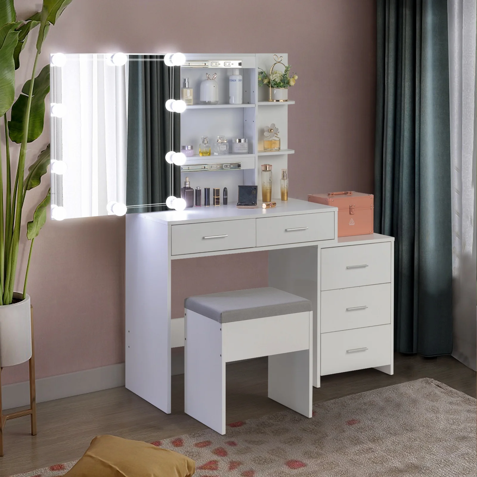 Makeup Vanity with Mirror Cabinet, Lighted Makeup Vanity Desk Set with 2 Shelves, 5 Drawers, 3-Color Light Adjustment, Dressing Table Set for Girl, Women, Princess