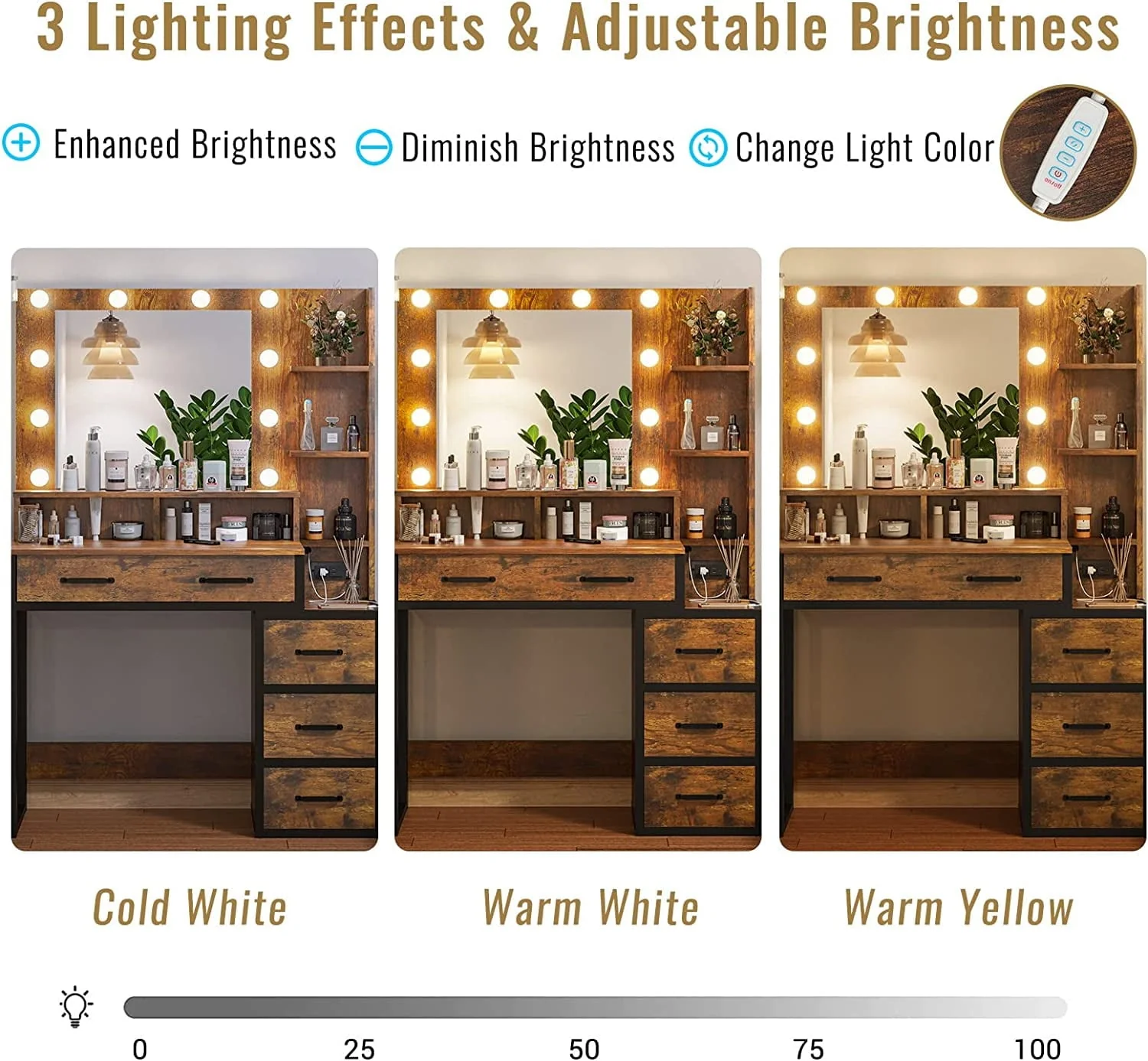 Rustic Vanity Desk Makeup Dresser Desk Table with Lighted Mirror & Charging Station & 5 Drawers, 10 LED Light, Brown & Black