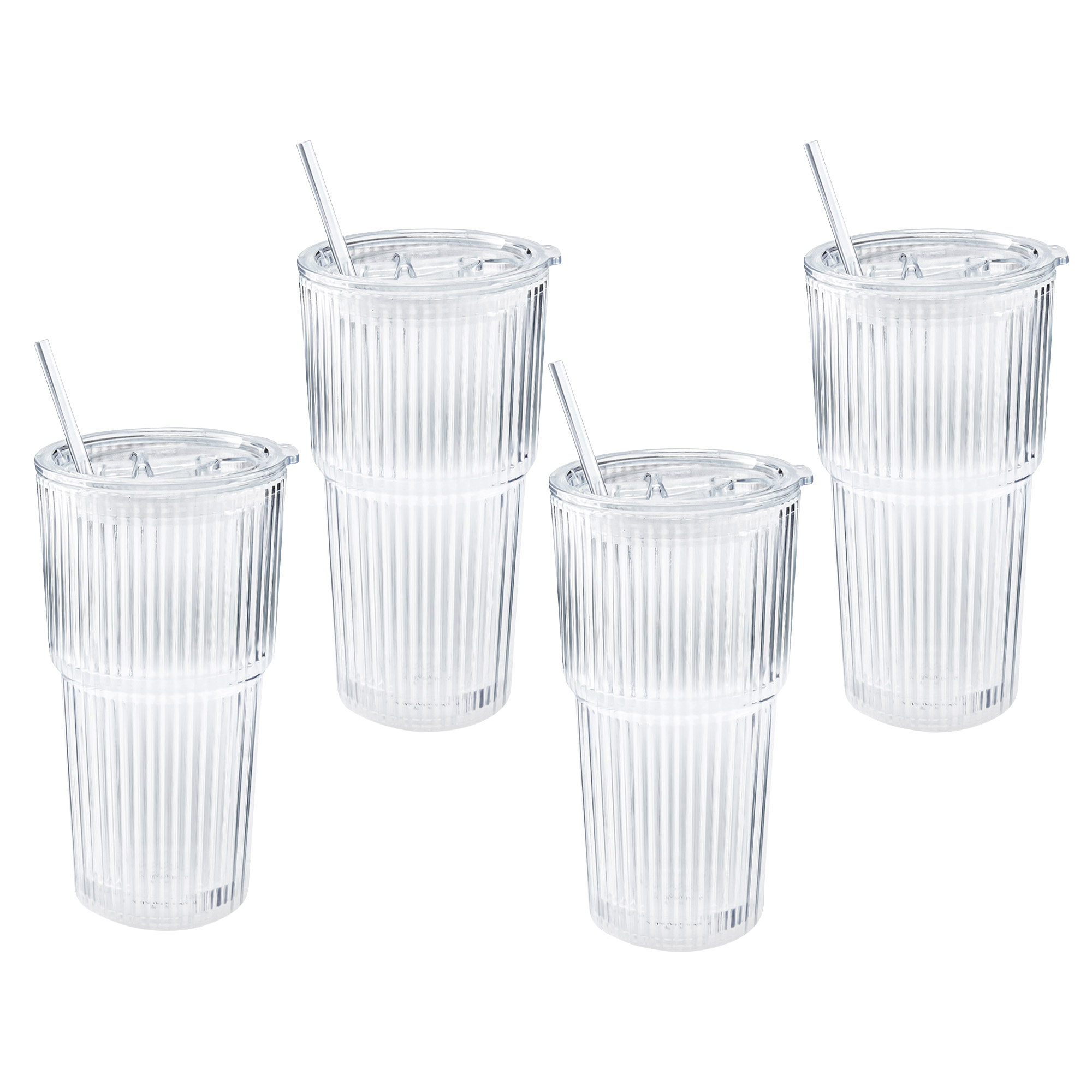Mesa Ribbed 20 oz. Glass Cups with Lids and Straw, 4-pack