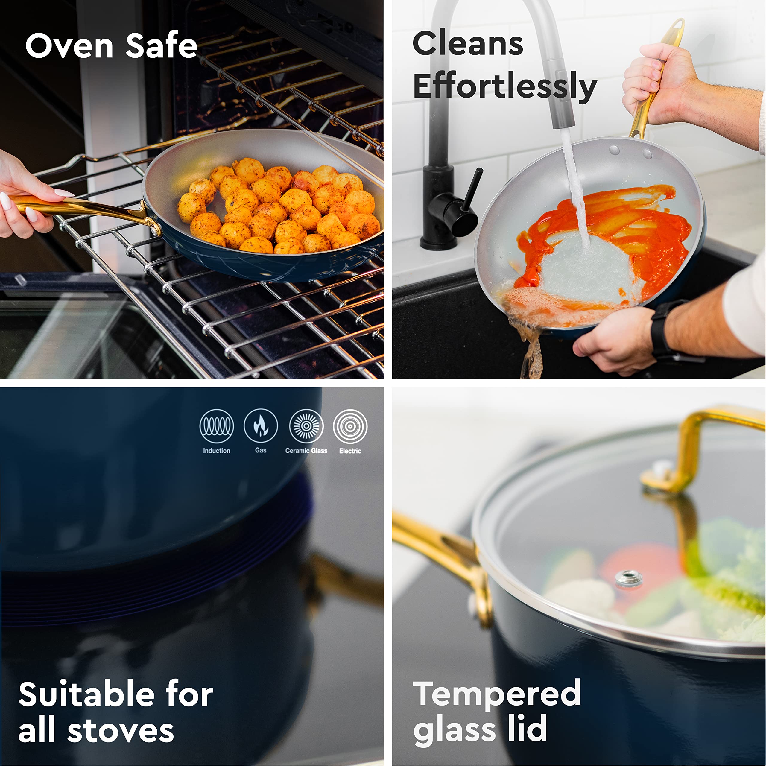 Styled Settings White Pots and Pans Set Nonstick-15 Piece Luxe White Cookware Set Non Toxic,Oven Safe,Induction Safe Cooking Pot with Strainer Lid,Gold Cooking Utensils,Gold Pots & Pans��