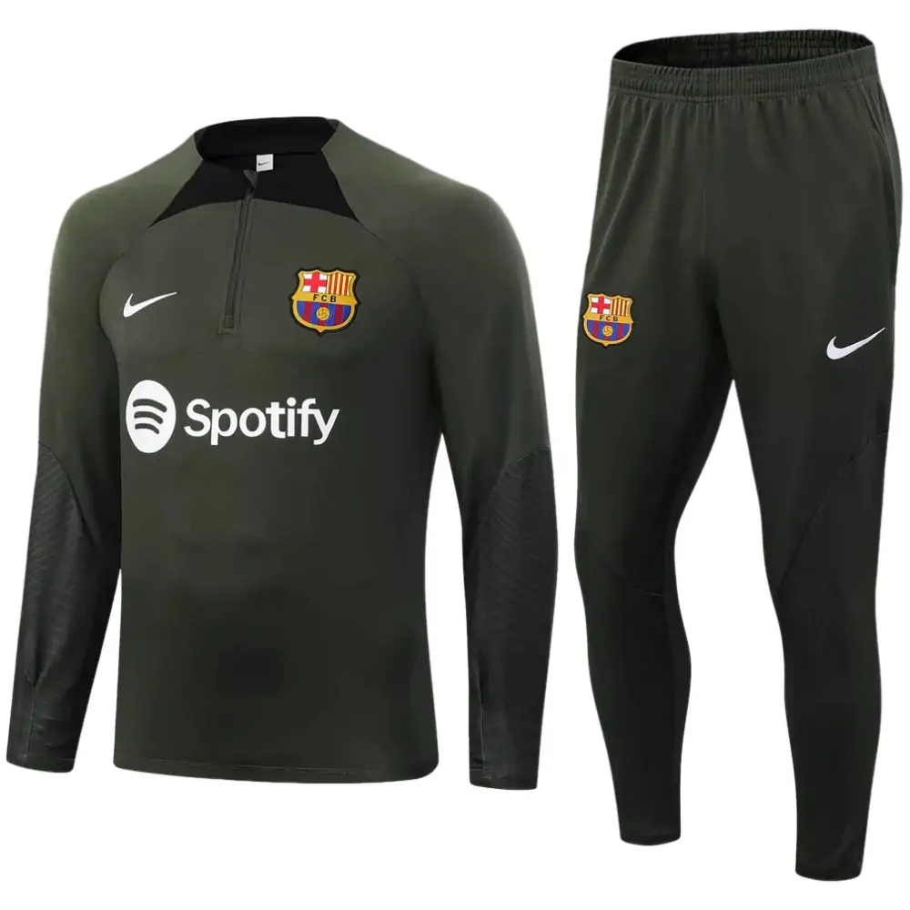 2023/2024 Barcelona Half-Pull Training Suit Army Green Jersey  Set