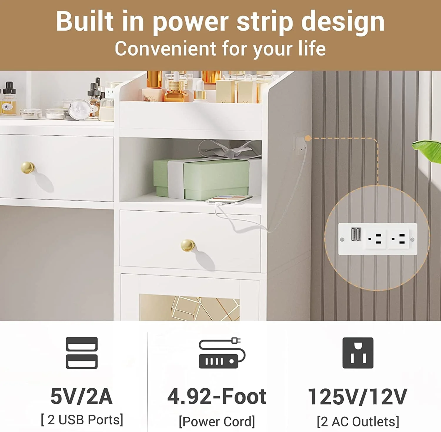 Tiptiper Vanity Desk with Mirror and Lights in 3 Colors, White Vanity Table with Charging Station, Makeup Desk with Unique Separation Design