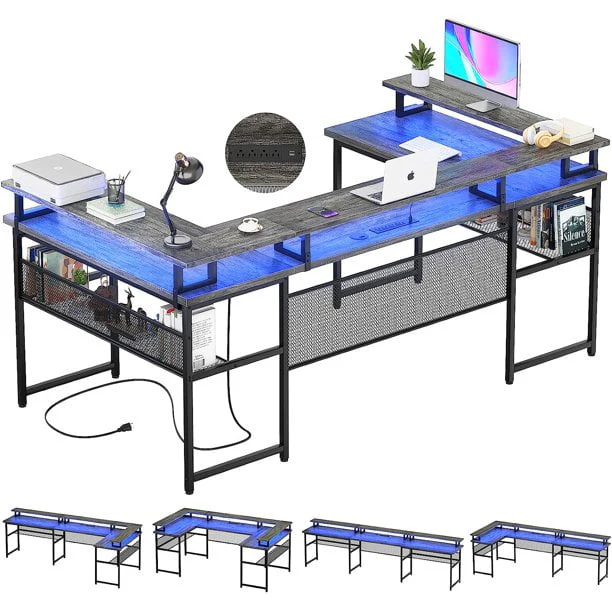 Homieasy U Shaped Desk with Power Outlet, 83 inch Reversible L-Shaped Gaming Desk with Monitor Stand and LED Strips, 2 Person Corner computer Desk with Storage Shelf for Home Office, Black