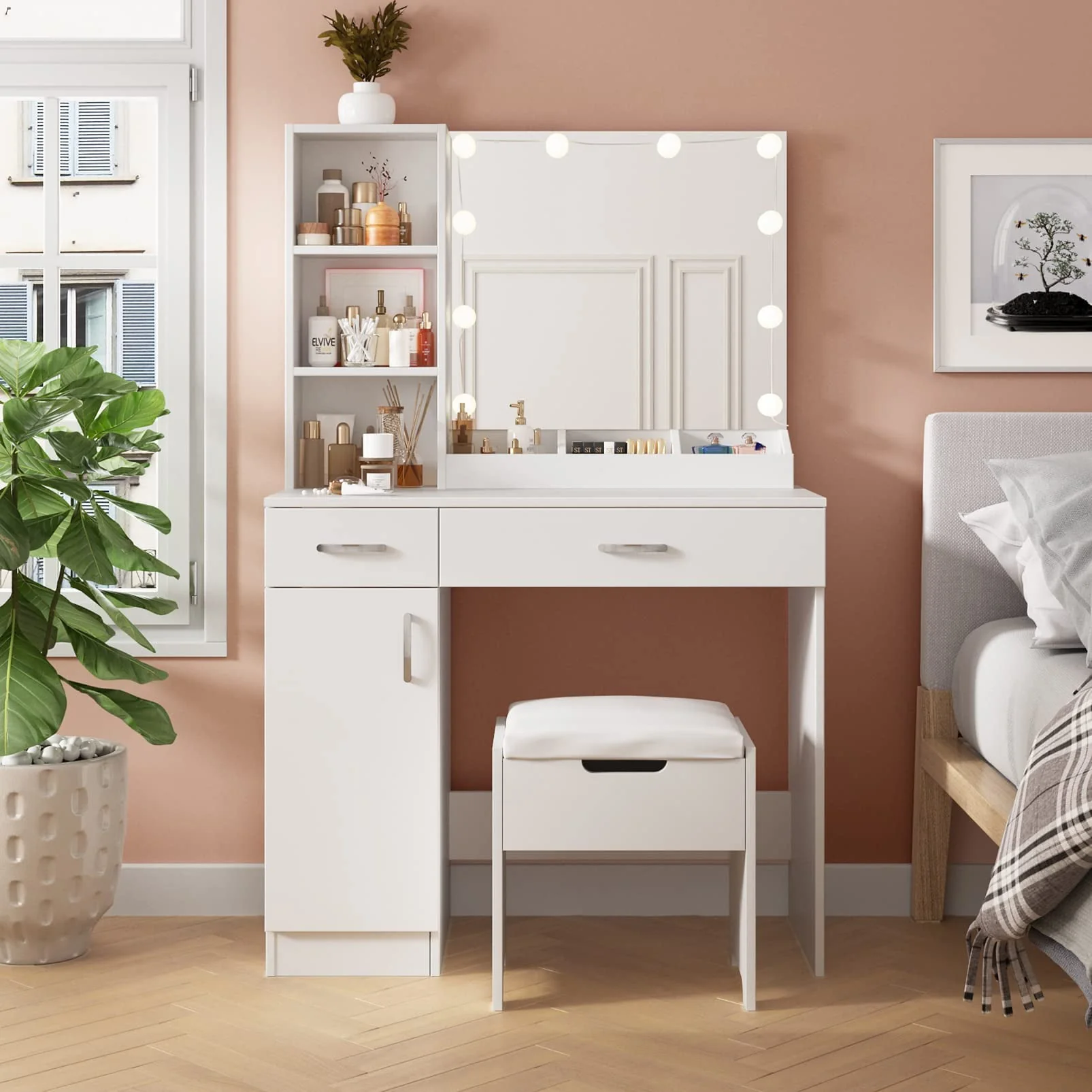 Veanerwood Makeup Vanity Table with 10 Led Lights, Lighted Mirror Vanity Desk, Modern Bedroom Dressing Vanity, White Finish