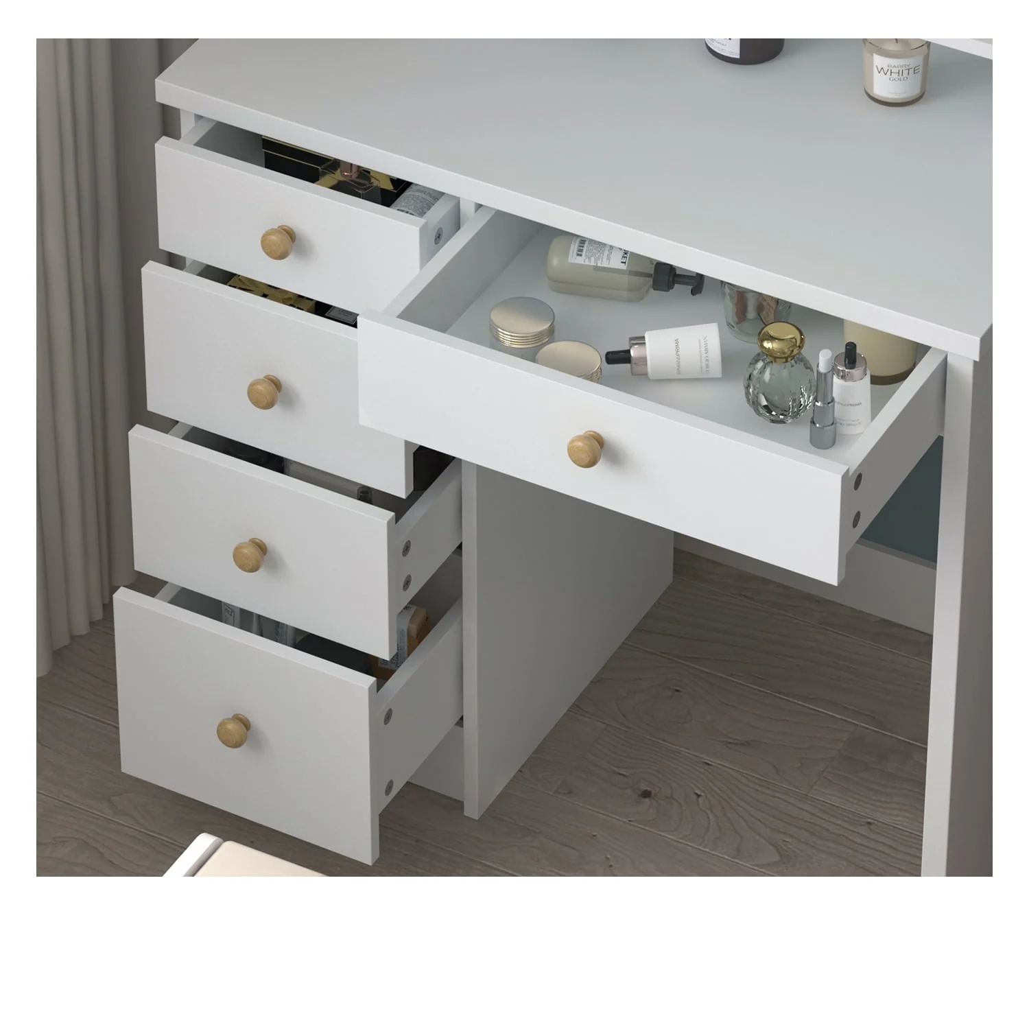 Makeup Vanity Dressing Table with 5 Drawers and Shelves, Vanity Set with Lighted Round Mirror, White Dresser Desk and Cushioned Stool Set