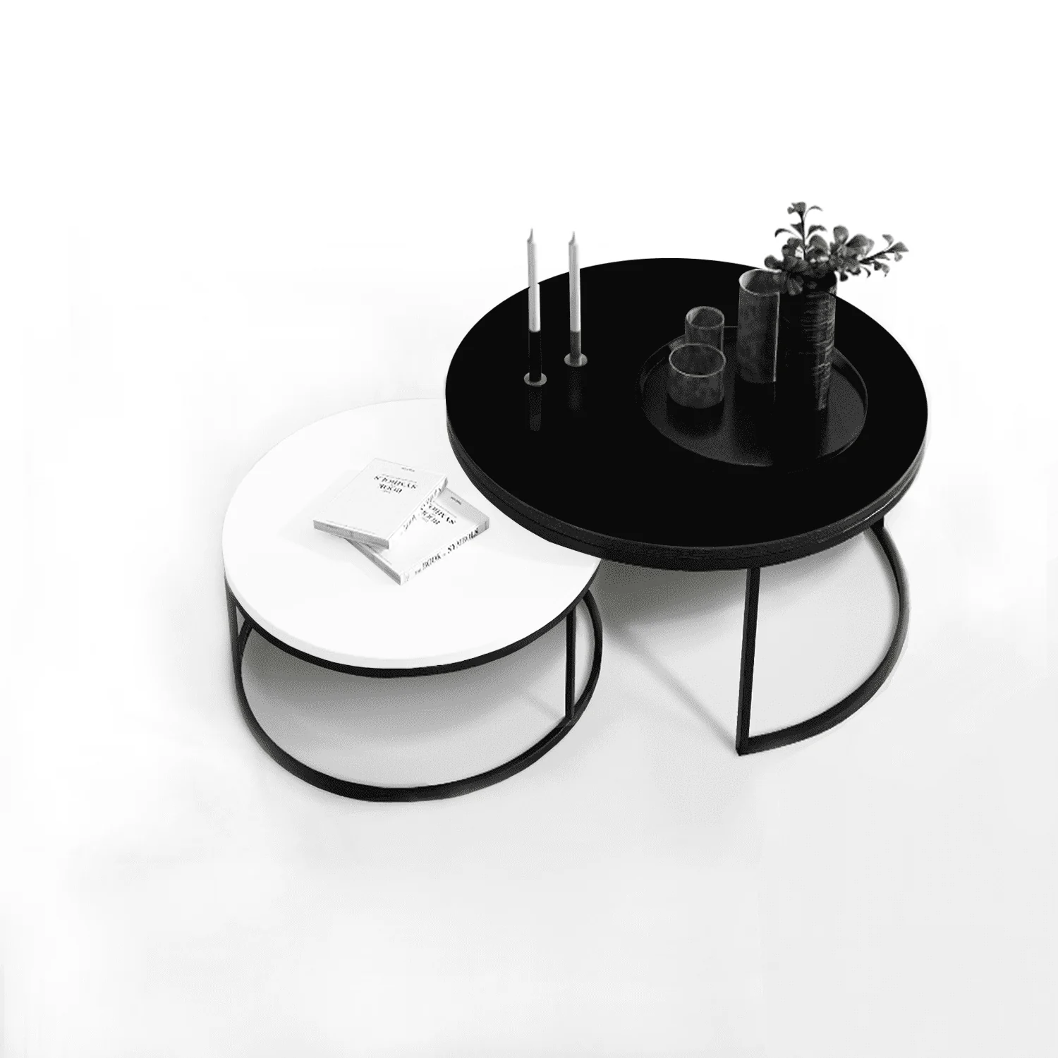 2 Round Tea Table Coffee Table Desk Sets | Black & White - Twin Sets Multi Function Wood & Steel Living Room Home Decor Polished Surface Overlapping Ending Tables Cocktail Table