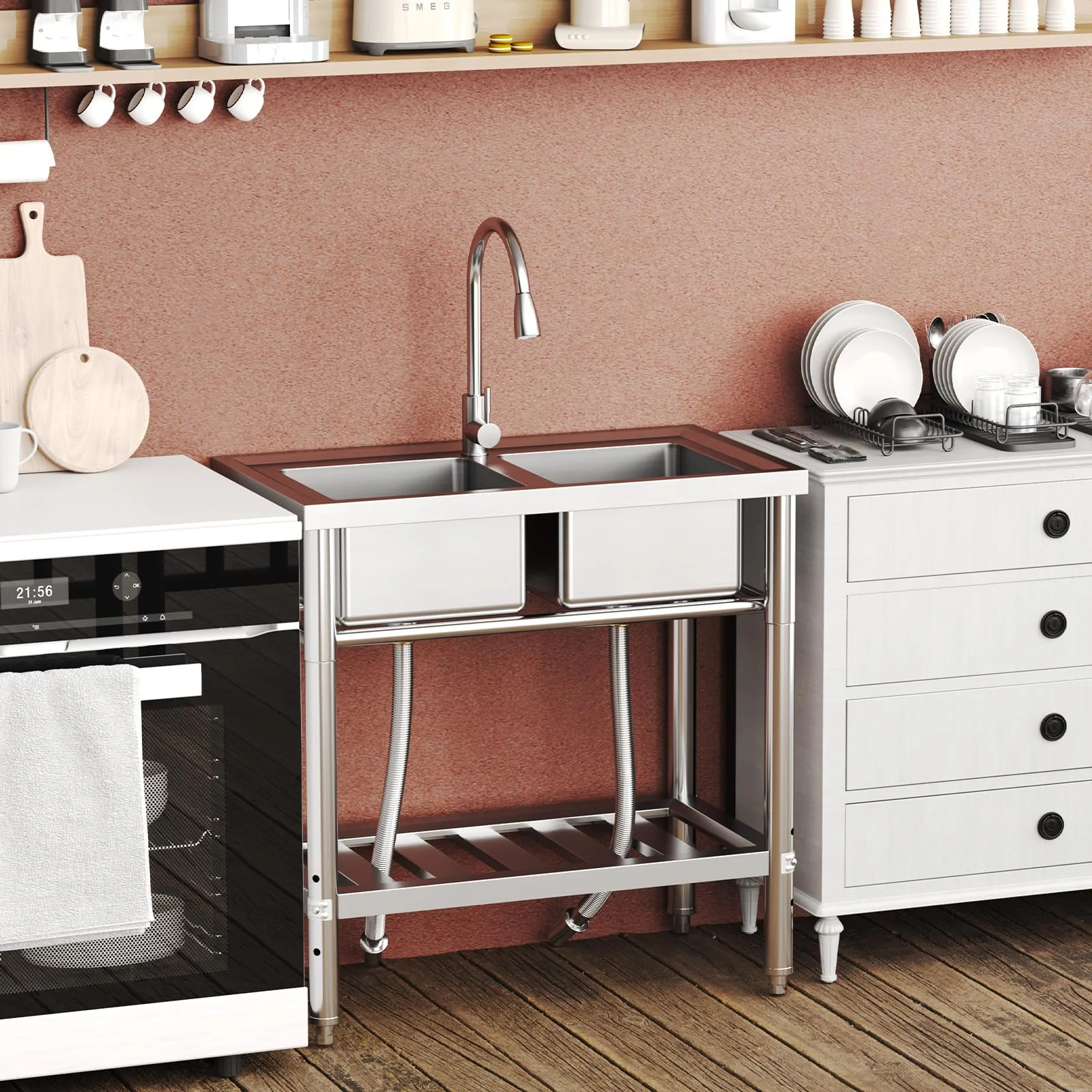OYang Freestanding Double Bowl Laundry Sink ,Stainless Steel Sinkwith Hot & Cold Hoses,  Outdoor Camping Utility Sink for Garage