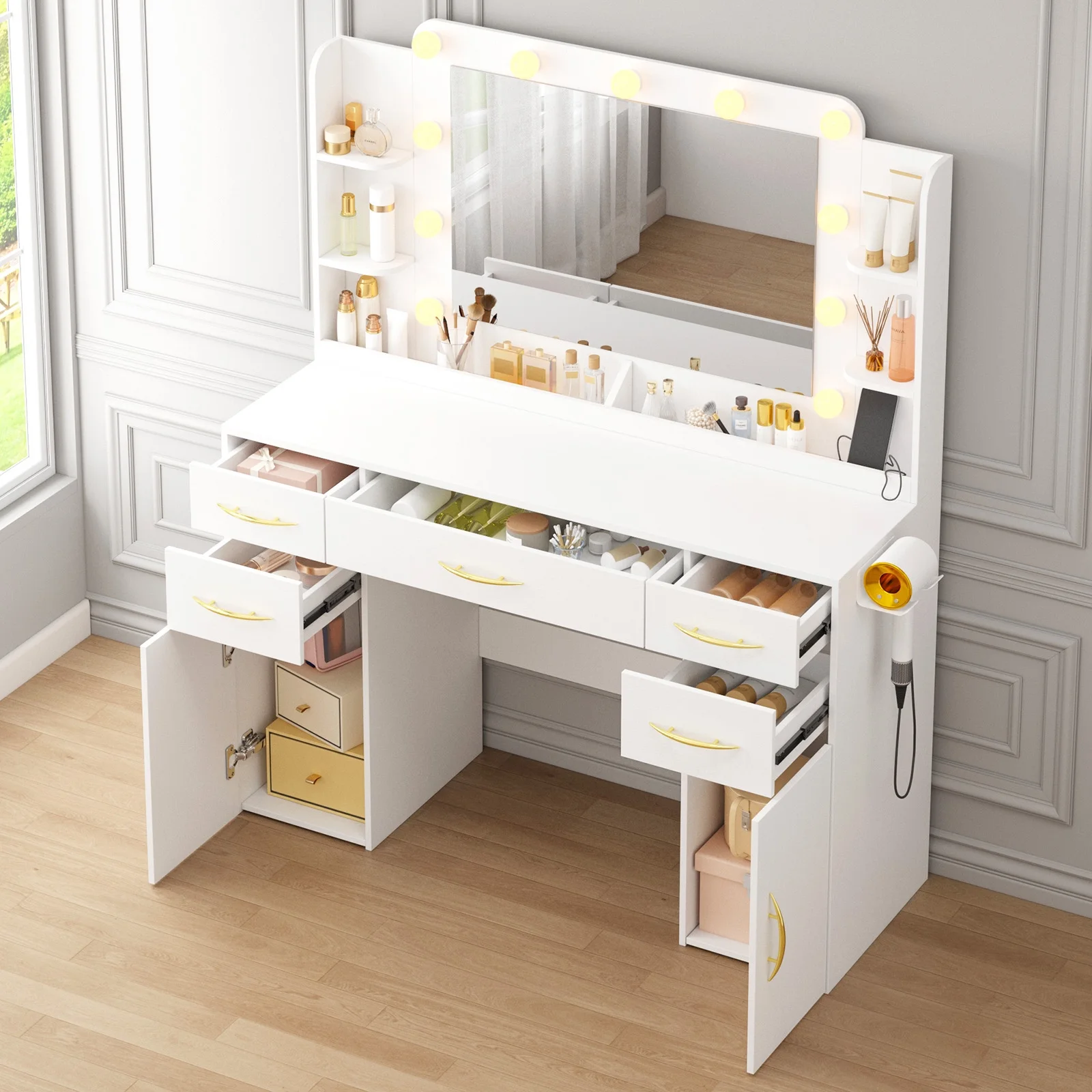 Tomnk woo White Makeup Vanity Desk with Large Mirror, Adjustable Lights, Storage Drawers & Power Outlets
