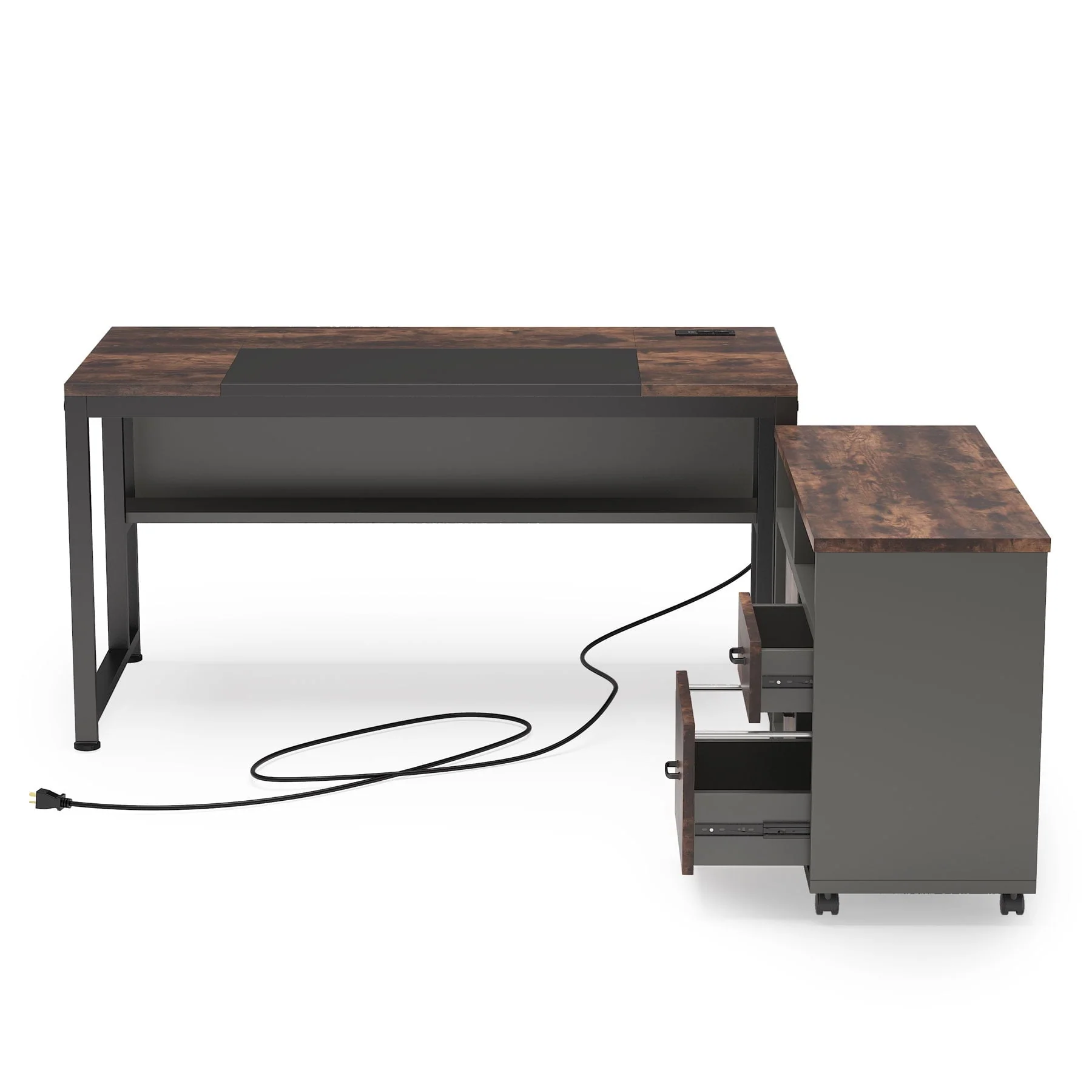 L-Shaped Computer Desk, 55 inches Executive Office Desk with File Cabinet and Power Outlet, Table Writing Desk with Drawers and Shelves, Business Furniture Set for Home Offices