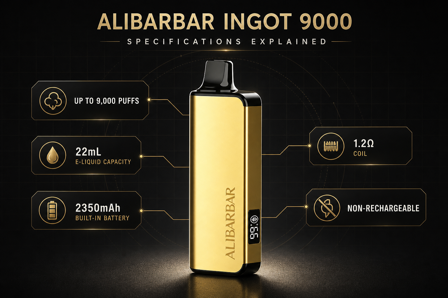 ALIBARBAR Ingot 9000 specifications including 22mL e-liquid 2350mAh battery and up to 9000 puffs