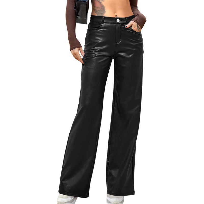 Women Faux Leather Pants PU High Waist Straight