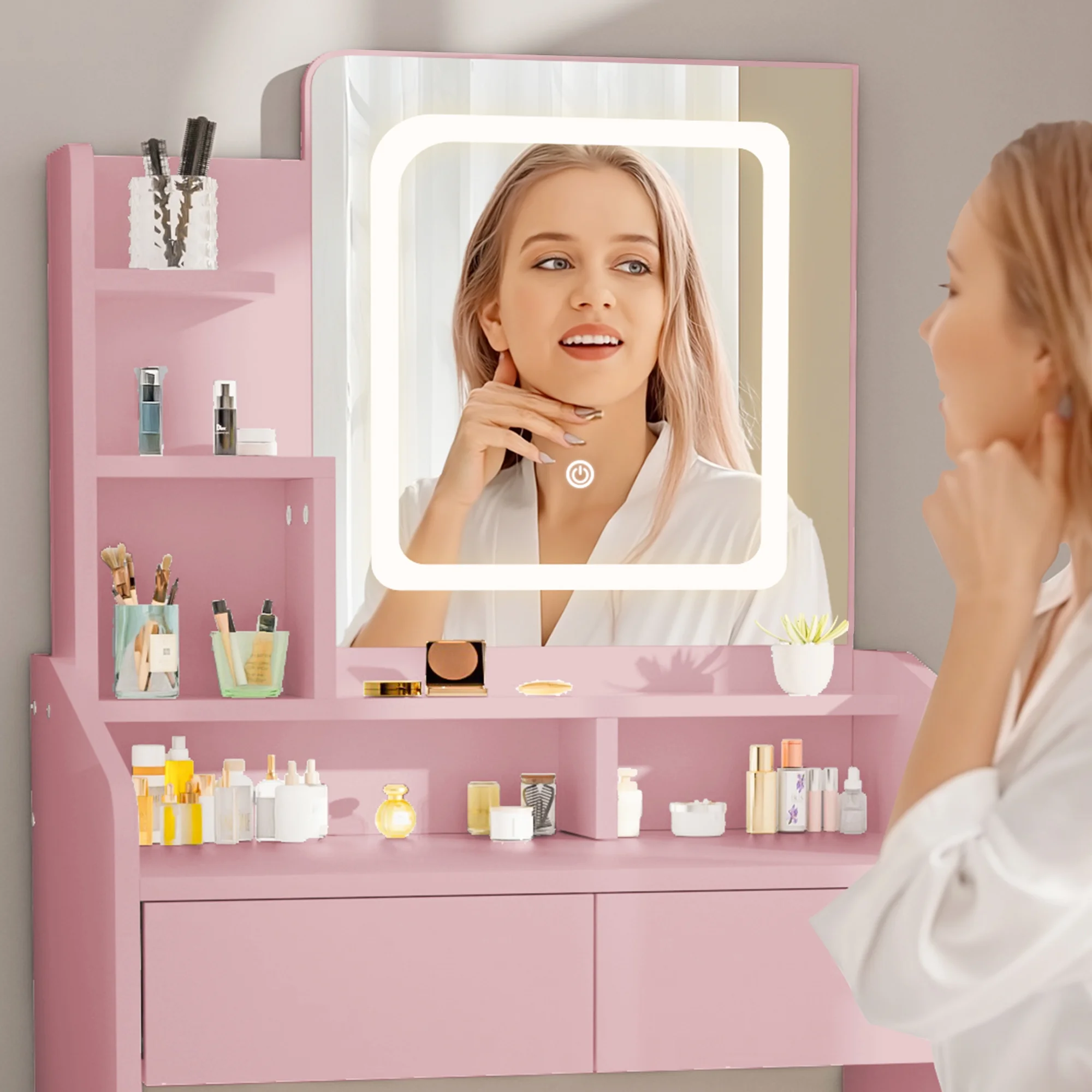 LIVELYGLOW Vanity Desk Set with Square Mirror and Light- Small Vanity Table with Drawers- White