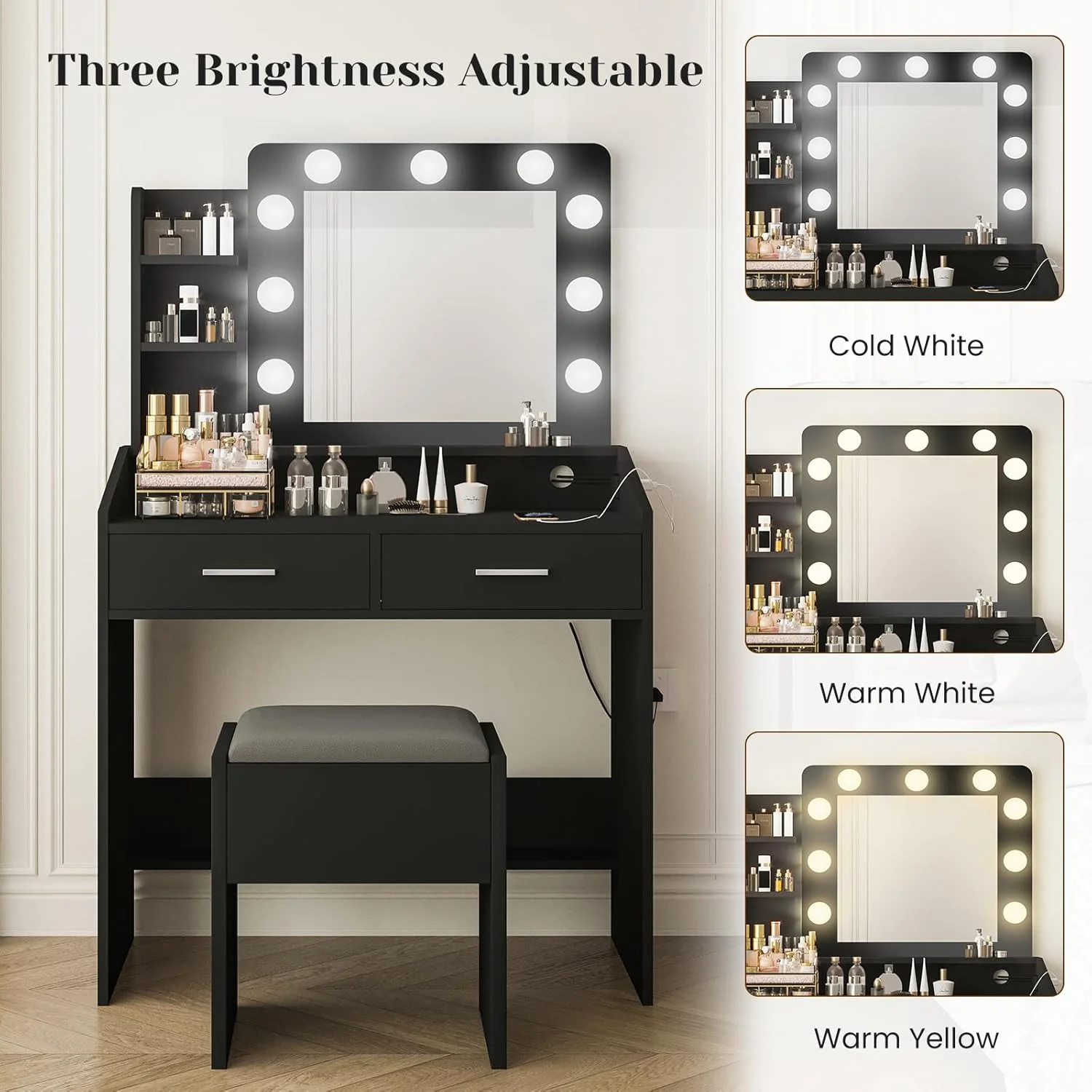 OYang Makeup Vanity with Lights, Vanity Desk with Mirror and Lights Set, Large Drawer and Two-Tier Lots Storage Cabinet, 3 Lighting Modes Adjustable Brightness
