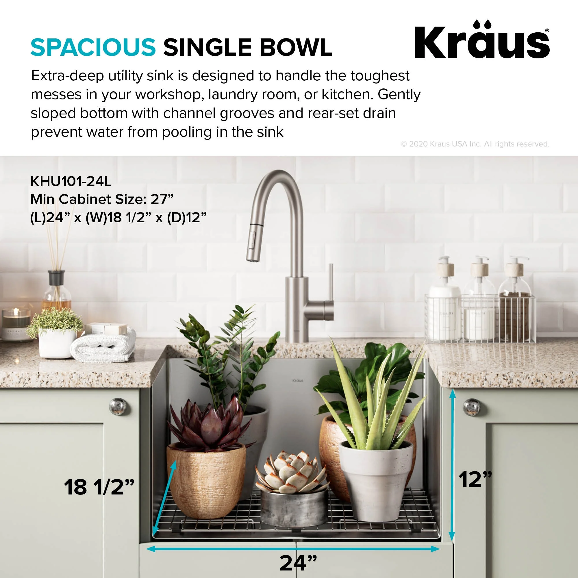 KRAUS Standart PRO�?24�?Undermount 16 Gauge Stainless Steel Single Bowl Laundry Utility Sink