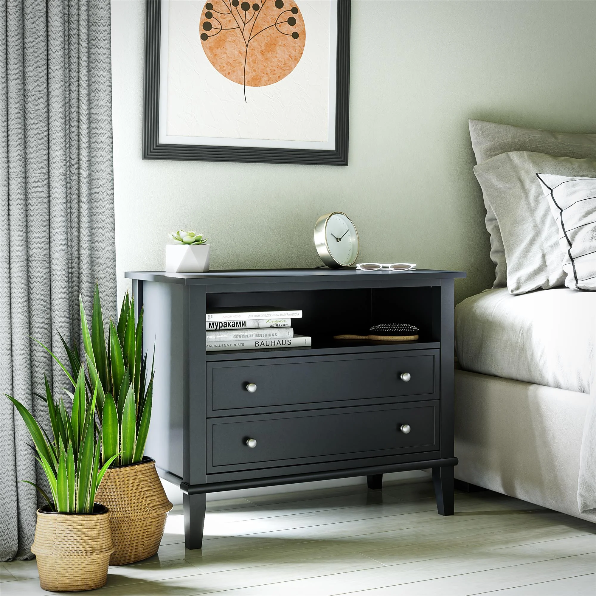 Ameriwood Eclectic Boho Nightstand and Bedside Accent Side Table with 2 Drawers, Black