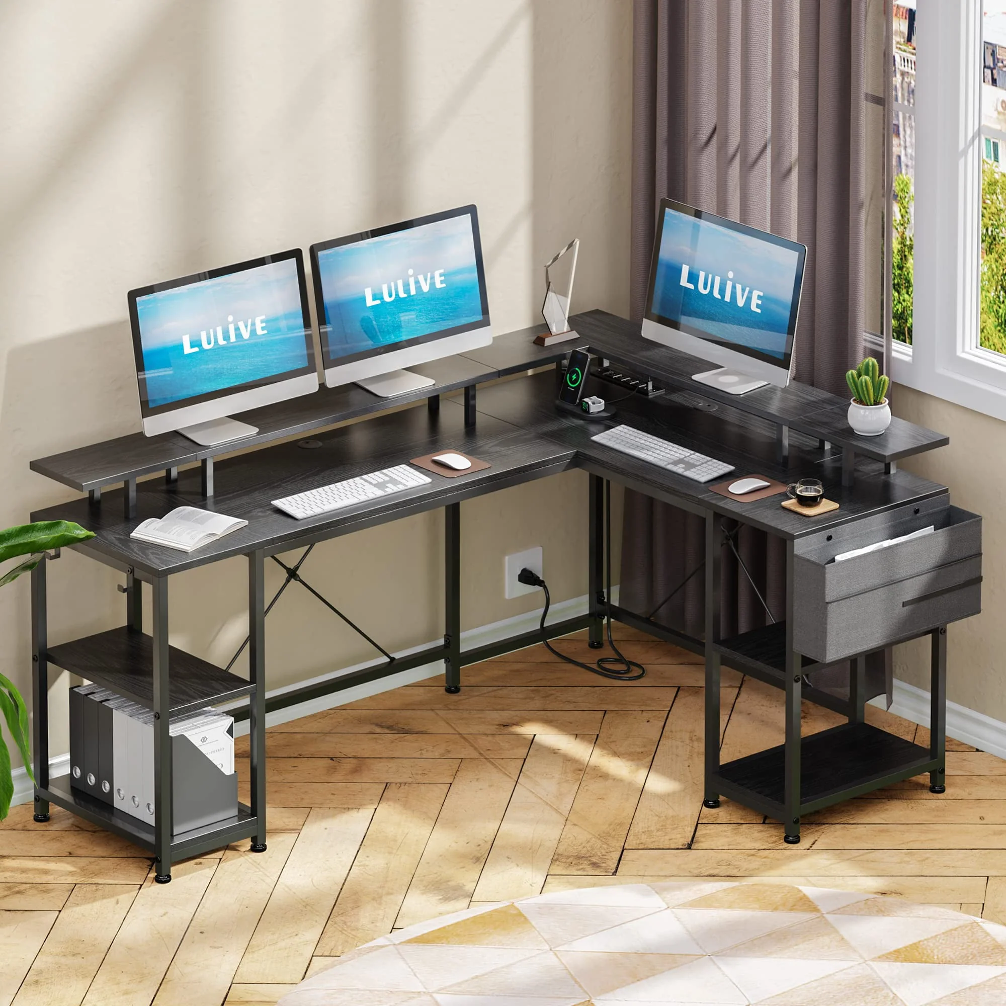 Lulive 95” L-Shaped Computer Desk with LED Light Gaming Desk with Power Outlet, Home Office Desk with Monitor Stand, Storage Shelf and Storage Bag Corner Desk, Black