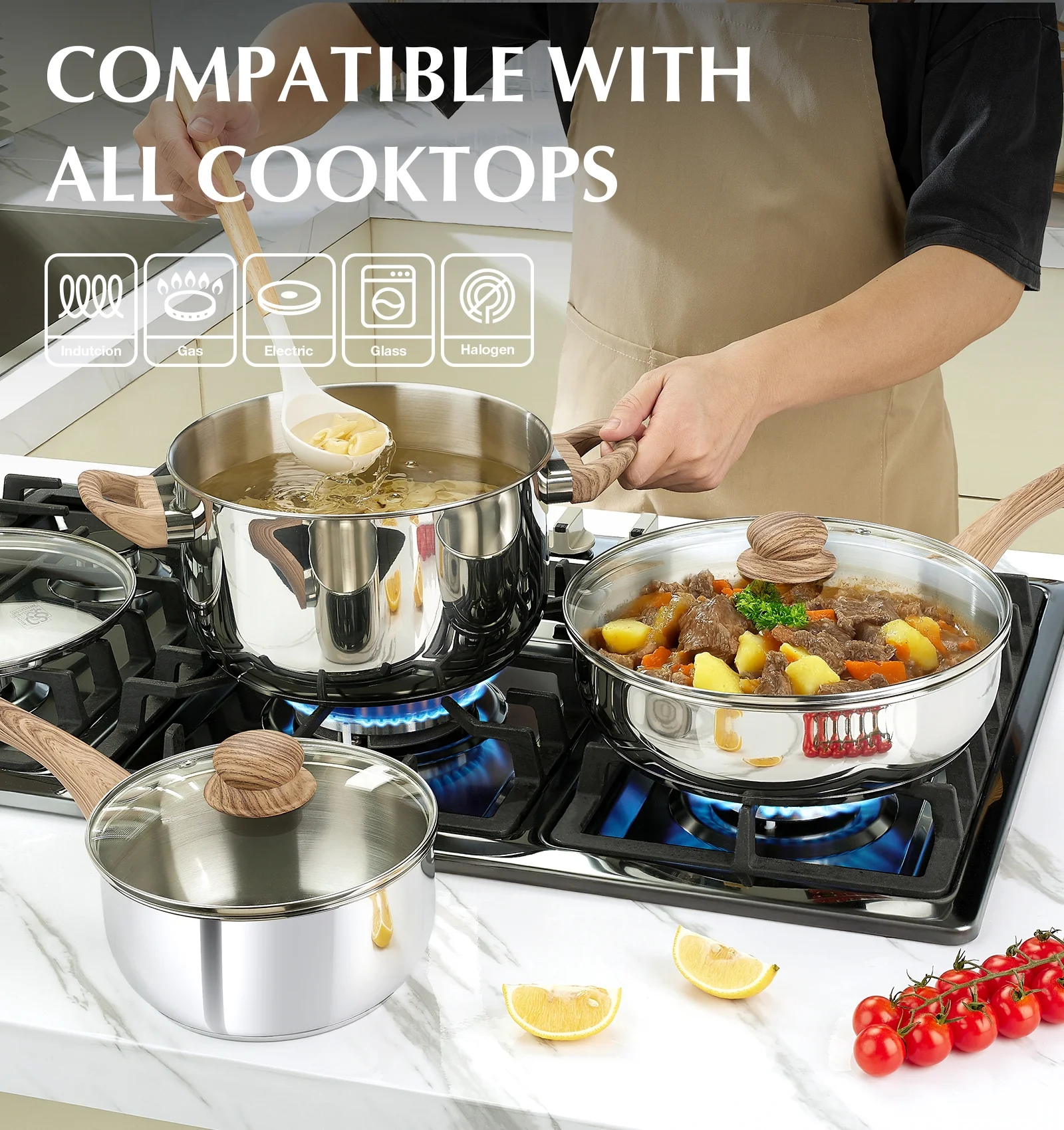 Koch Systeme CS 12 Piece Stainless Steel Coowkare Set  with Cool-Touch Bakelite Handle, Professional 18/10 Pots and Pans Set, Induction Compatible