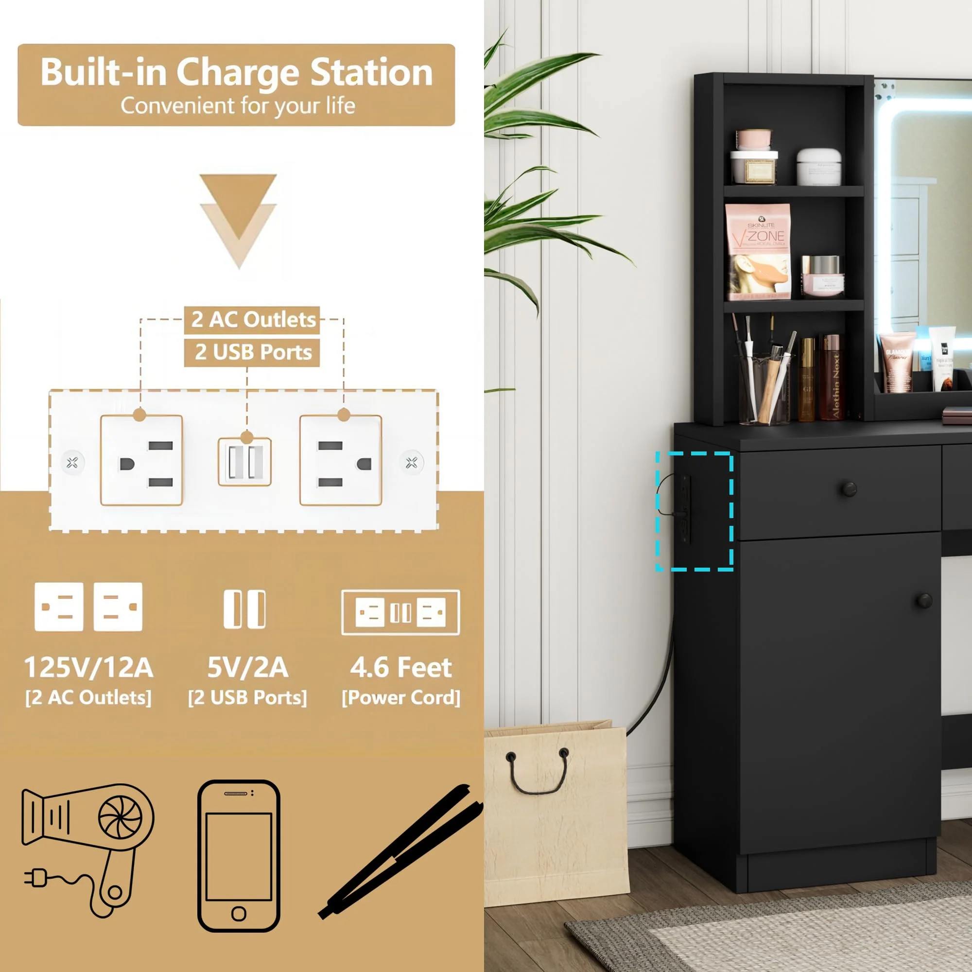DSstyles Brown/Black/White Vanity Desk with LED Lighted Mirror & Power Outlet, Makeup Vanity with Drawers & Cabinet & Chair, Vanity Table Set for Bedroom