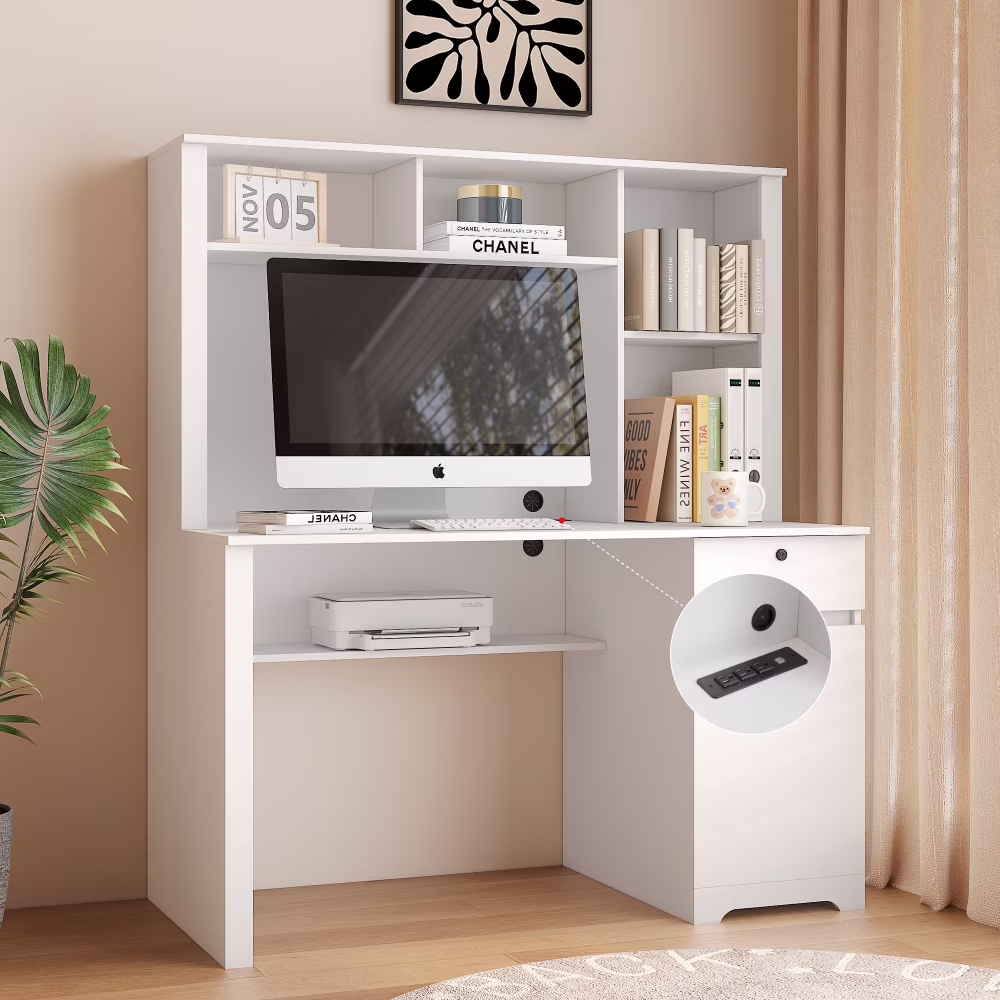 Tcbosik Modern Computer Desk with Charging Station and USB Night Light, Home Office Table with Hutch and Open Shelf, Gaming Workstation with Drawer and Cabinet for Living Room, Study Room, Black
