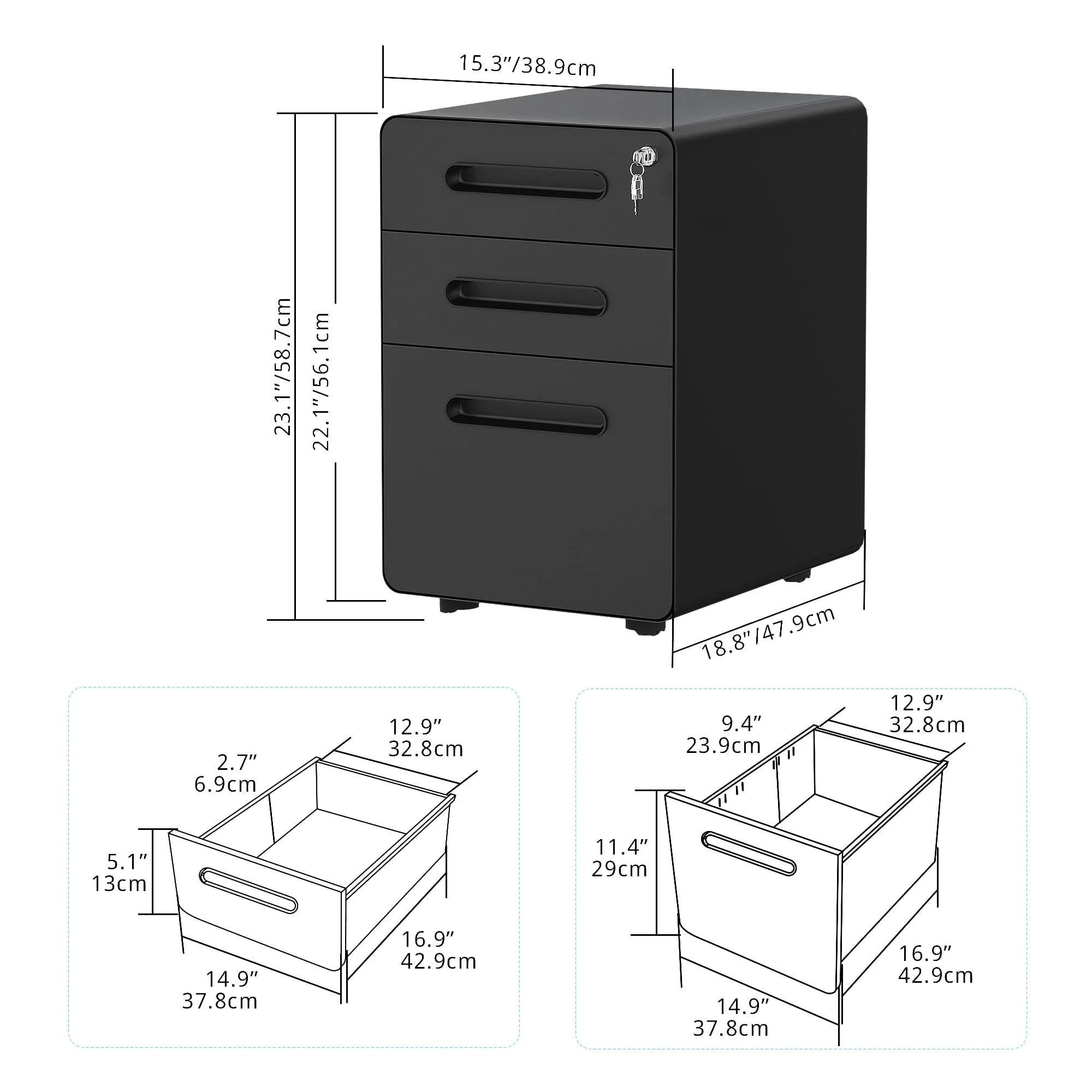 Dextrus 3-Drawer Steel Rolling File Cabinet with Lock Office Filing Organizer Under Desk