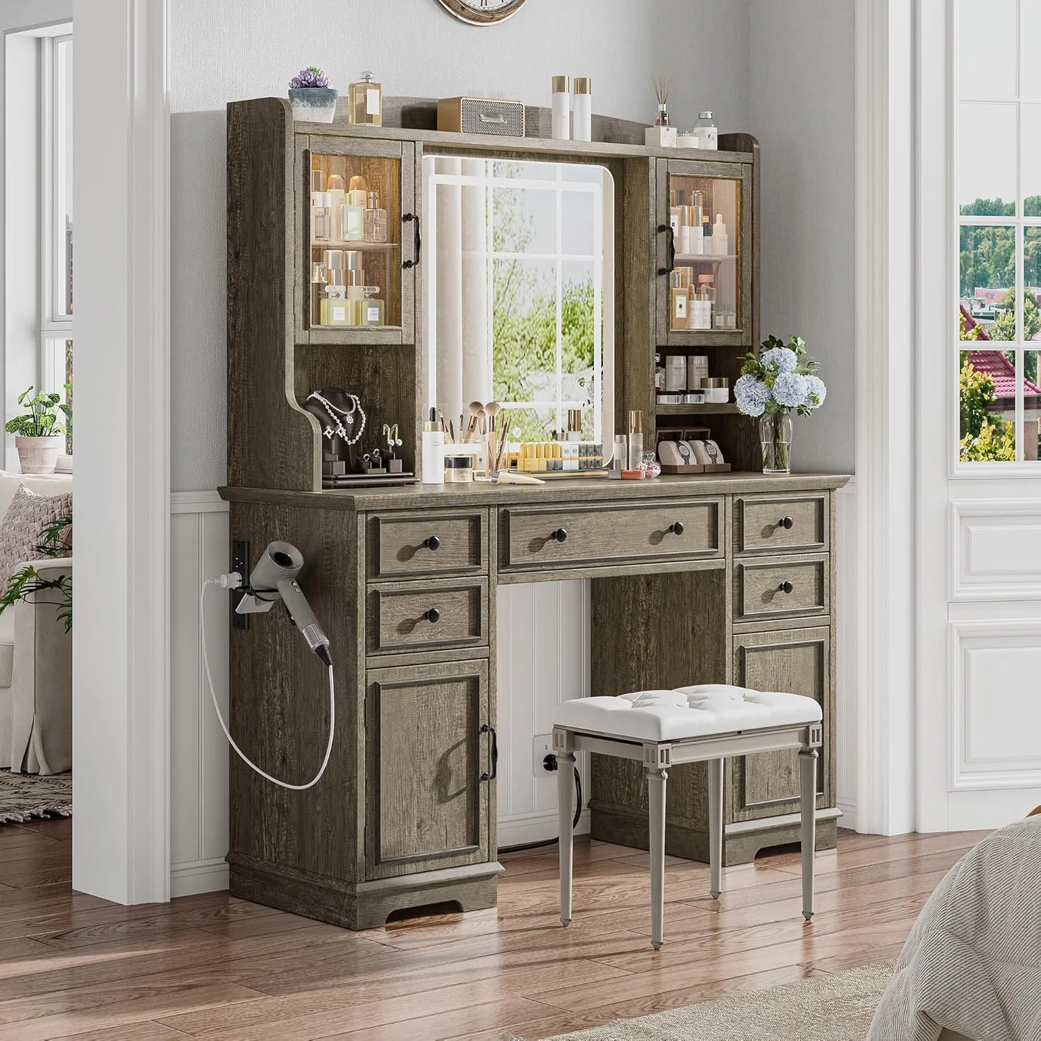 EnHomee Farmhouse Vanity Desk with Mirror and Lights White Vanity with Lighted Mirror Makeup Vanity Set with RGB Cabinets and Storage Drawers