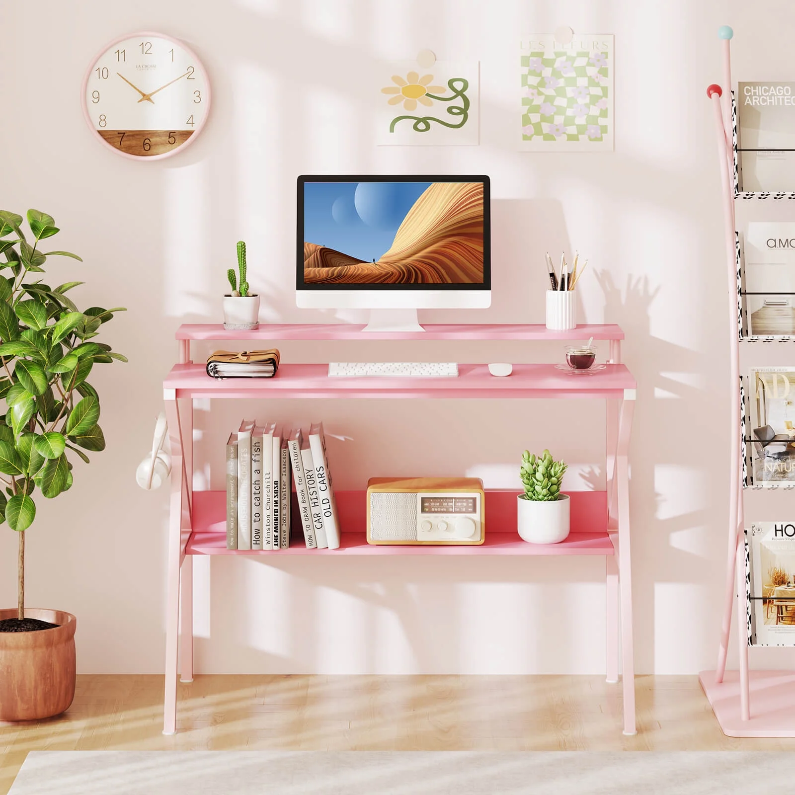 Costway Home Office Desk with Monitor Stand, Open Shelf & Metal Frame, Earphone Hook White
