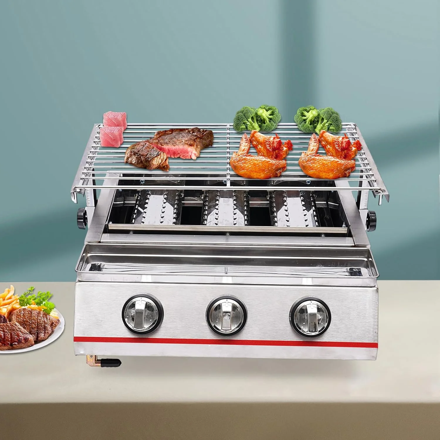 Outdoor Portable Gas Grill,3-Burner Outdoor BBQ Tabletop Cooker,Efficient Heating Gas Grill with Vertical Cooking Stainless Steel LPG Barbecue Perfect for Patio Garden Picnic Backyard Barbecue