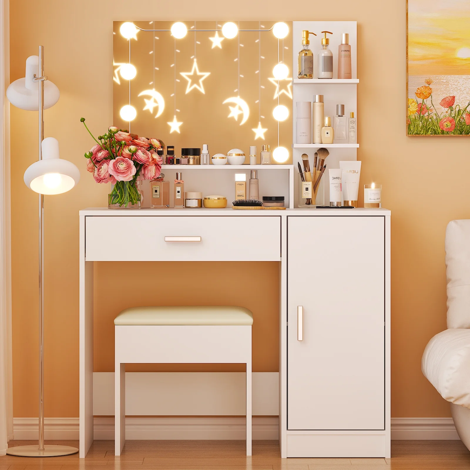 Ktaxon Vanity Set with 3 Color Lighted Mirror, Makeup Table with 3 Storage Shelves & Drawers, Dressing Table Makeup Desk with Stool,White