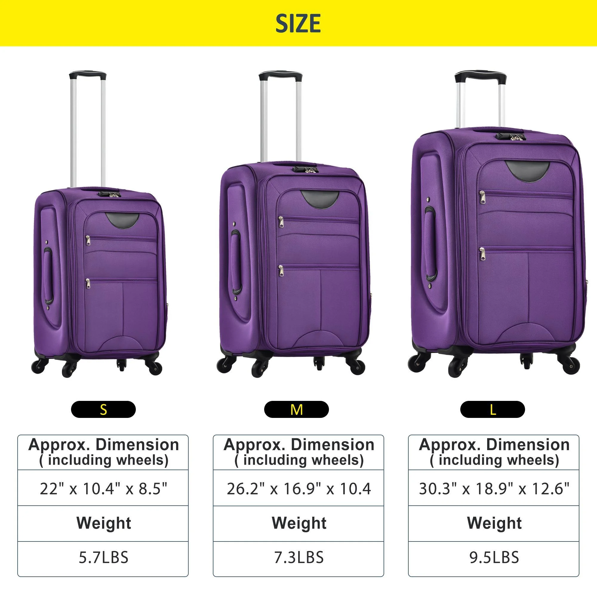 Zimtown 22in 26in 30in Softside Luggage, Expandable 3 Piece Set Suitcase Lightweight Luggage Travel Set, Black