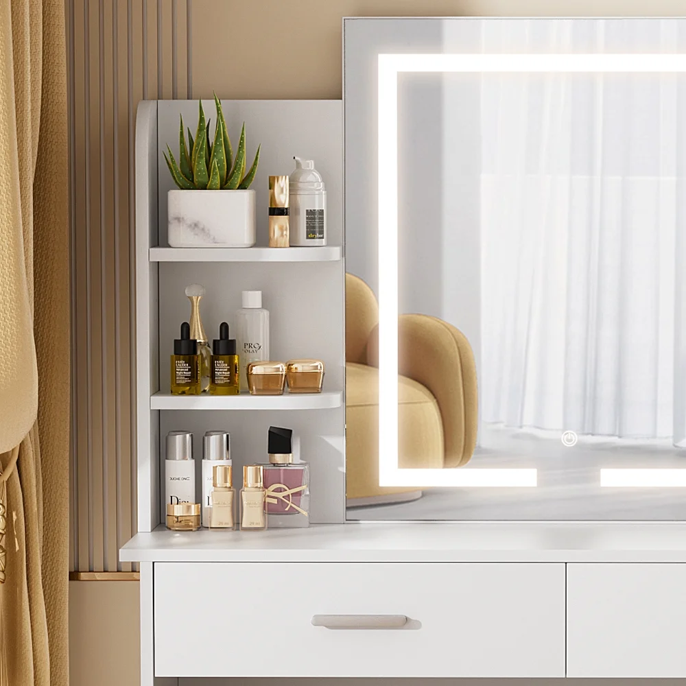 RichYa Modern Makeup Vanity Set with Lights Mirror and Drawers,White Makeup Desk,Dressing Table