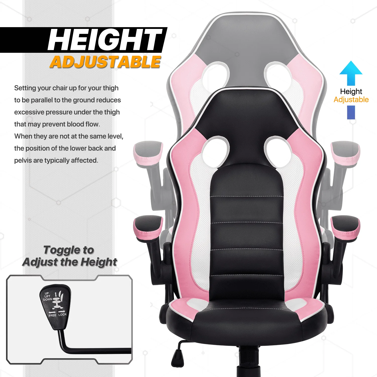 MoNiBloom PU Leather Computer Gaming Chair, with Flip-Up Arms Working Desk Office Seat, Black/Pink