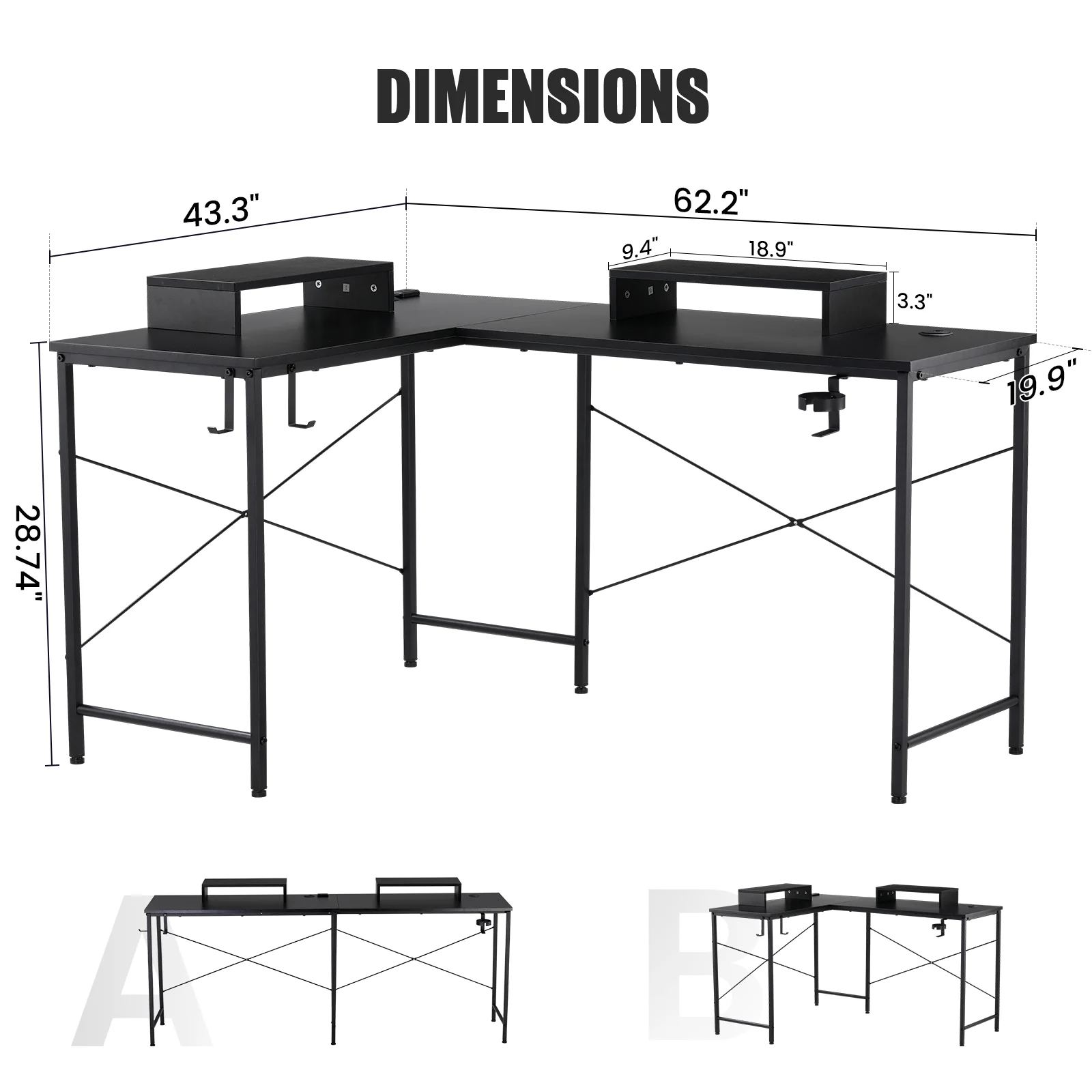 GTRACING L-Shaped Gaming Desk with RGB Light and Removable Storage Stands, Black